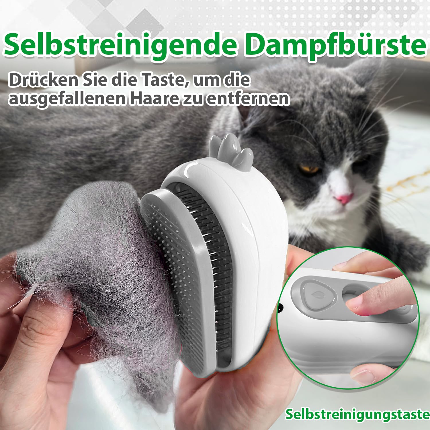 Katzenbürste mit Dampf & Auslöseknopf, Wiederaufladbar Dampfbürste von Katze Hunde, Spray Haustierhaar Bürste, Massage Steamer Kamm für Langhaar und Kurzhaar zum Entfernen Losem Fell und Schmutz