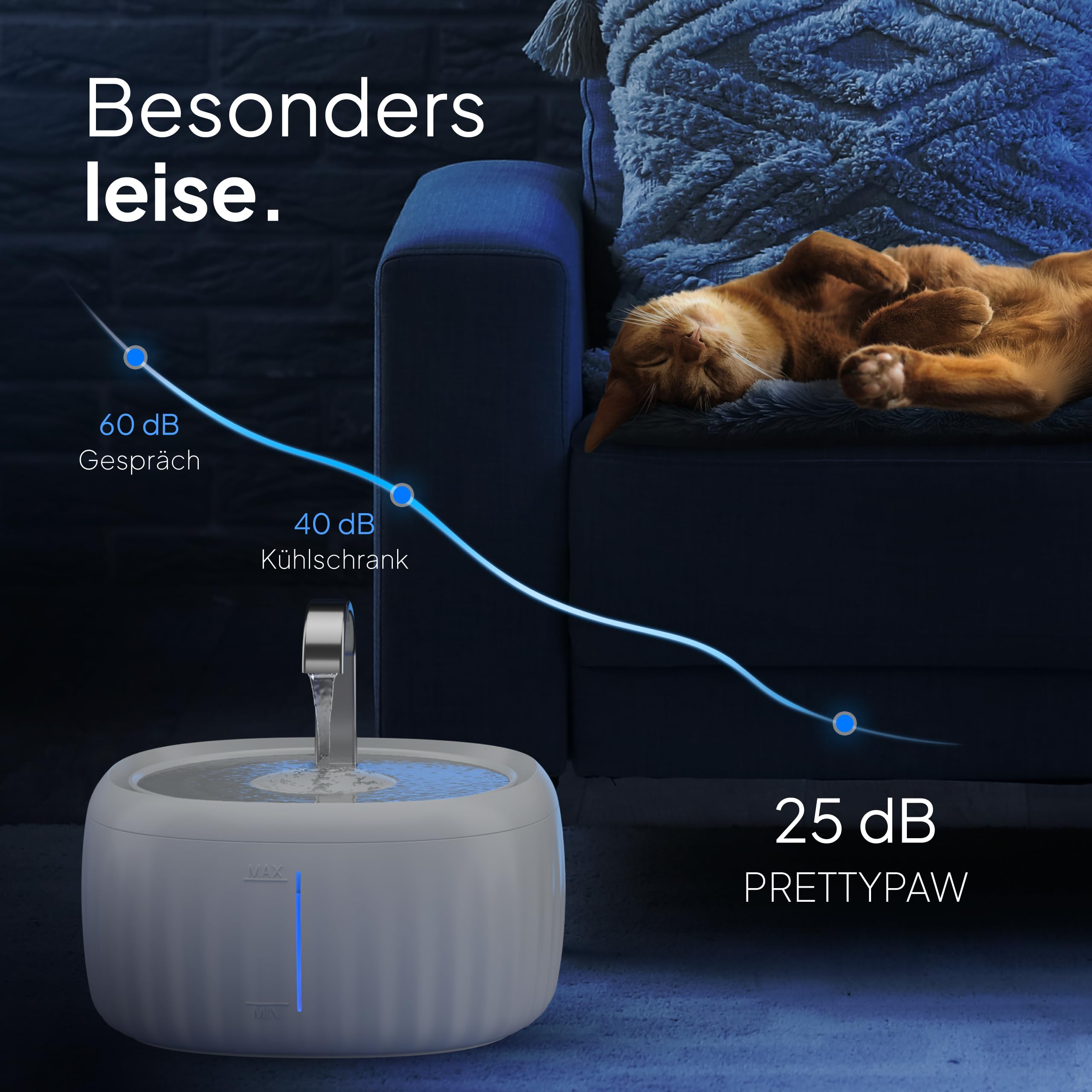 PrettyPaw Katzenbrunnen - Super leiser, BPA-freier 3L Trinkbrunnen für Katze mit LED und Aktivkohlefilter - Leicht zu reinigender Katzen Trinkbrunnen - Aqua Flow (Schwarz)