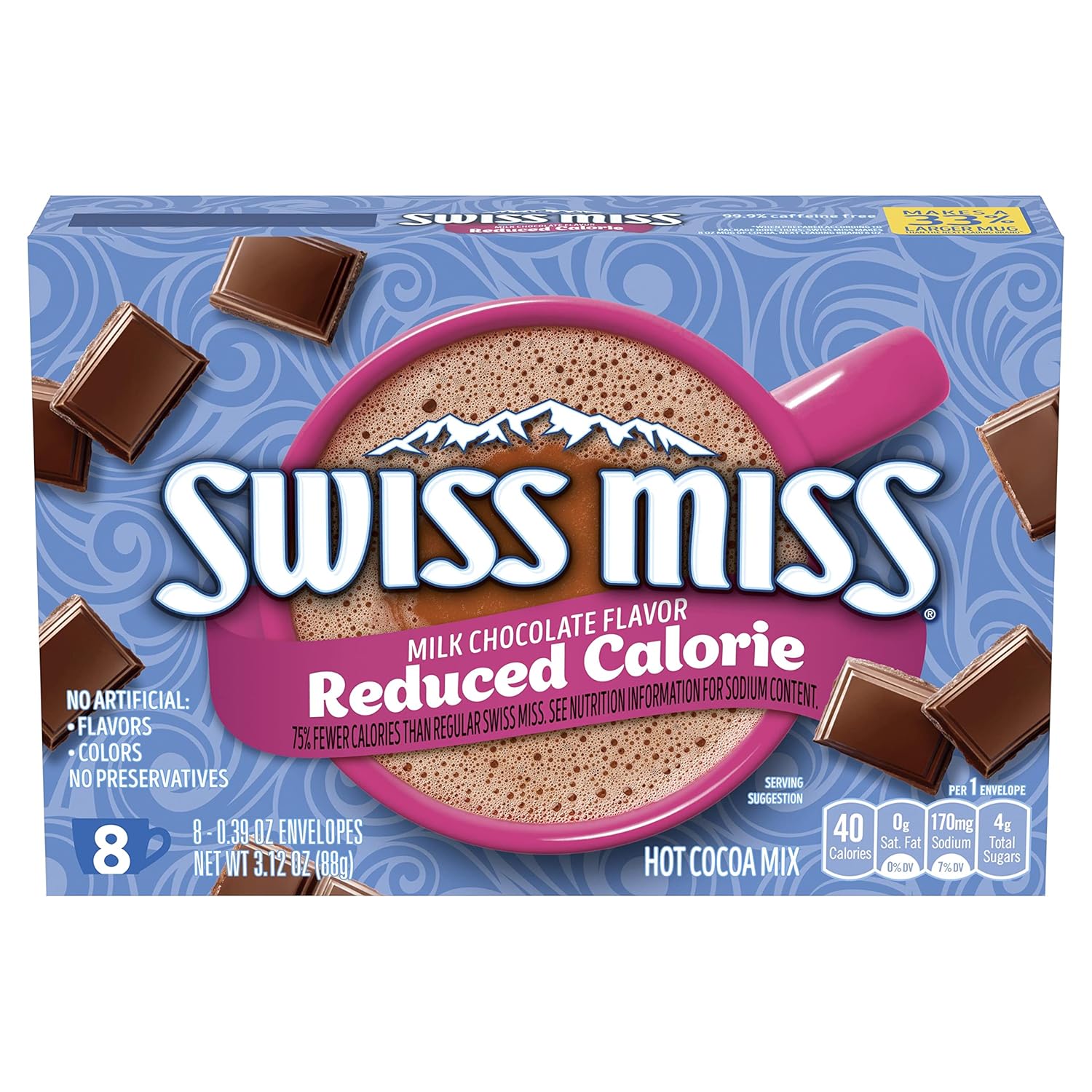 Swiss Miss Milk Chocolate Flavored Reduced Calorie Hot Cocoa Mix, Hot Cocoa Bar Supplies, 0.39 oz., 8-Count Envelopes (12 Boxes)