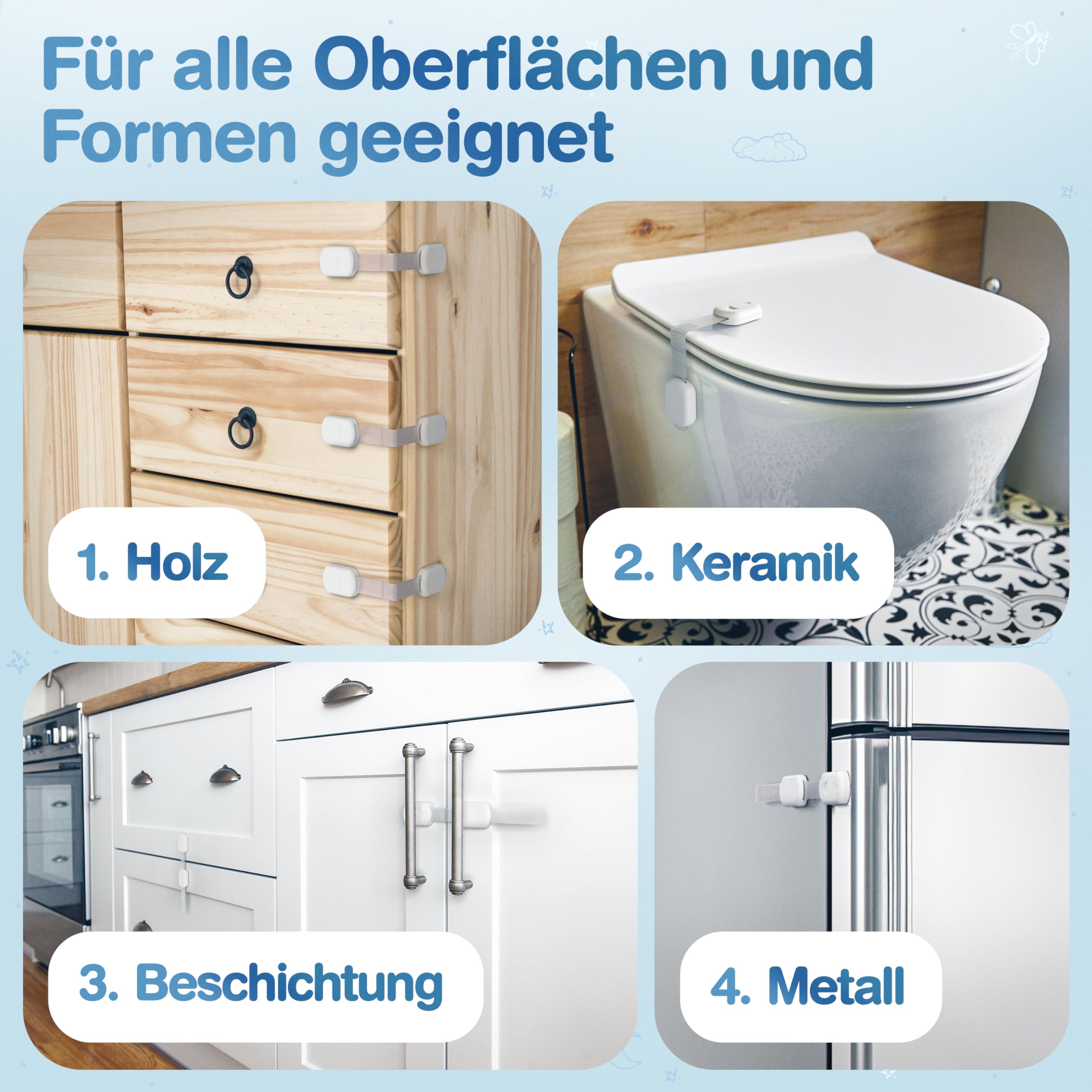 MUTKIND 10 Stück Kindersicherung Schrank - (Mit Kleber von TESA) Schranksicherung Baby - Längenverstellbar - Schubladensicherung Baby für Schränke, Kühlschrank, Tür - Kindersicherung Schubladen Weiß