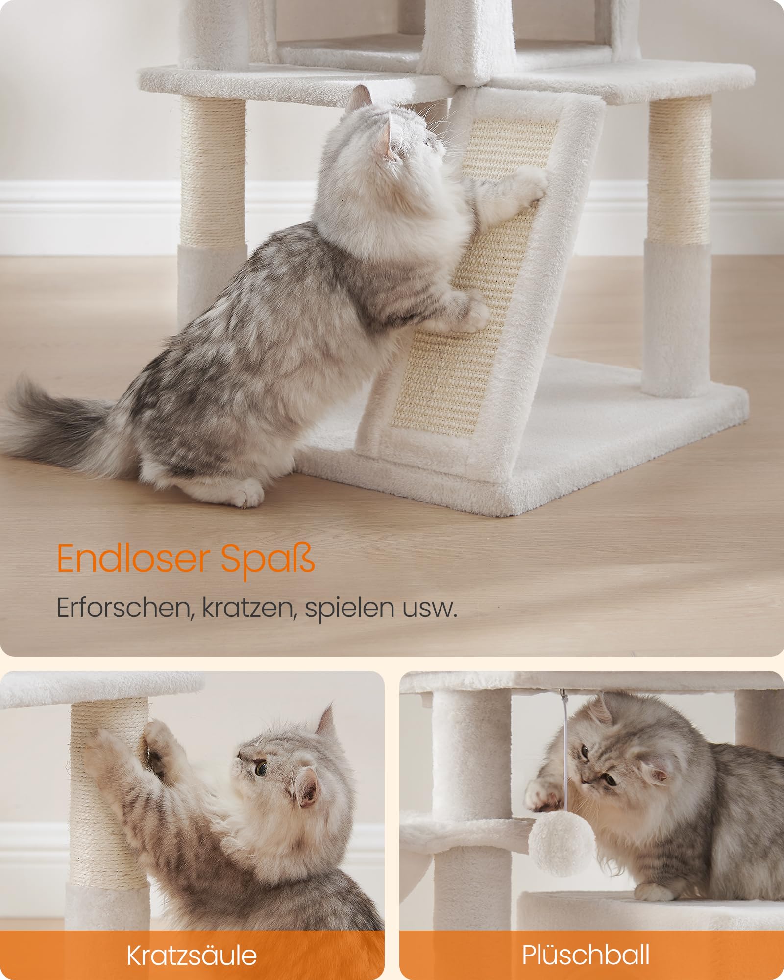 Feandrea Kratzbaum, 96 cm hoch, Katzenbaum mit großer Plattform, Katzenkratzbaum mit Katzenhöhle, Hängematte, Kratzrampe, Plüschball, weicher Plüsch, hellgrau PCT51W