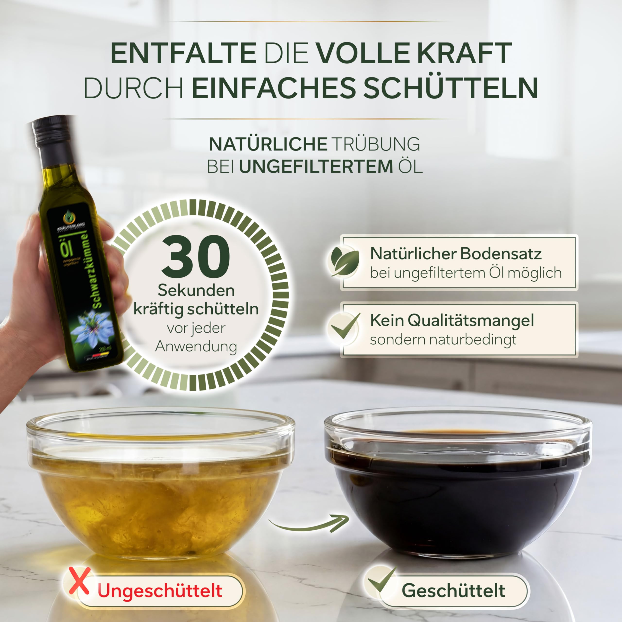 Kräuterland Schwarzkümmelöl 500ml, kaltgepresst & ungefiltert, hoher Thymochinon‑Anteil, ägyptische Samen, mühlenfrisch, 100 % Nigella sativa, naturrein ohne Zusatzstoffe, lichtgeschützten Glas