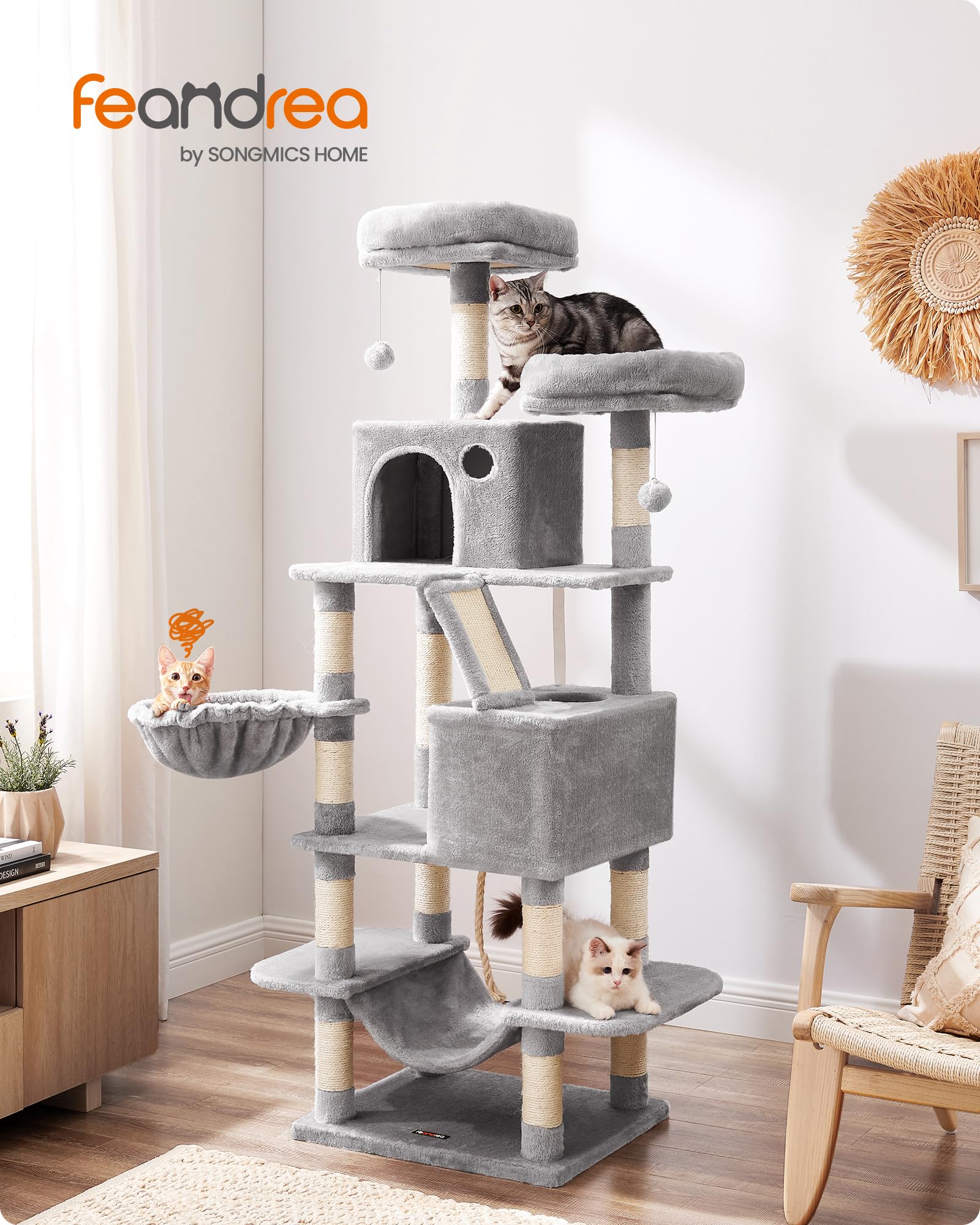 Feandrea Kratzbaum groß, 203,5 cm hoch, XXL Katzenbaum, mit 13 Kratzsäulen, 2 Plattformen, 2 Höhlen, Korb, Hängematte, Plüschbälle, mehrstöckiger Katzenkratzbaum, rauchgrau PCT190G01