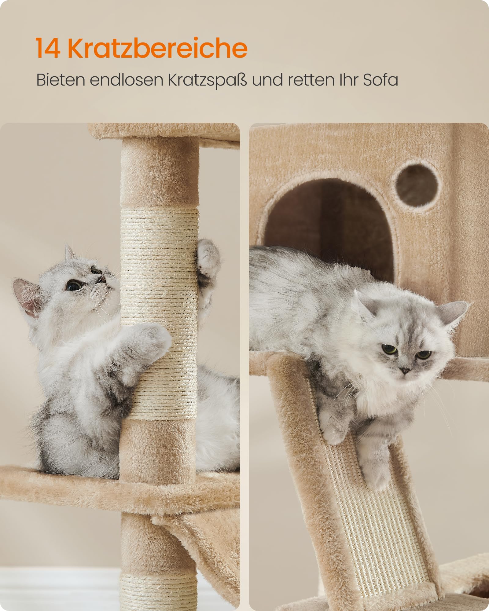 Feandrea Kratzbaum groß, 203,5 cm hoch, XXL Katzenbaum, mit 13 Kratzsäulen, 2 Plattformen, 2 Höhlen, Korb, Hängematte, Plüschbälle, mehrstöckiger Katzenkratzbaum, rauchgrau PCT190G01
