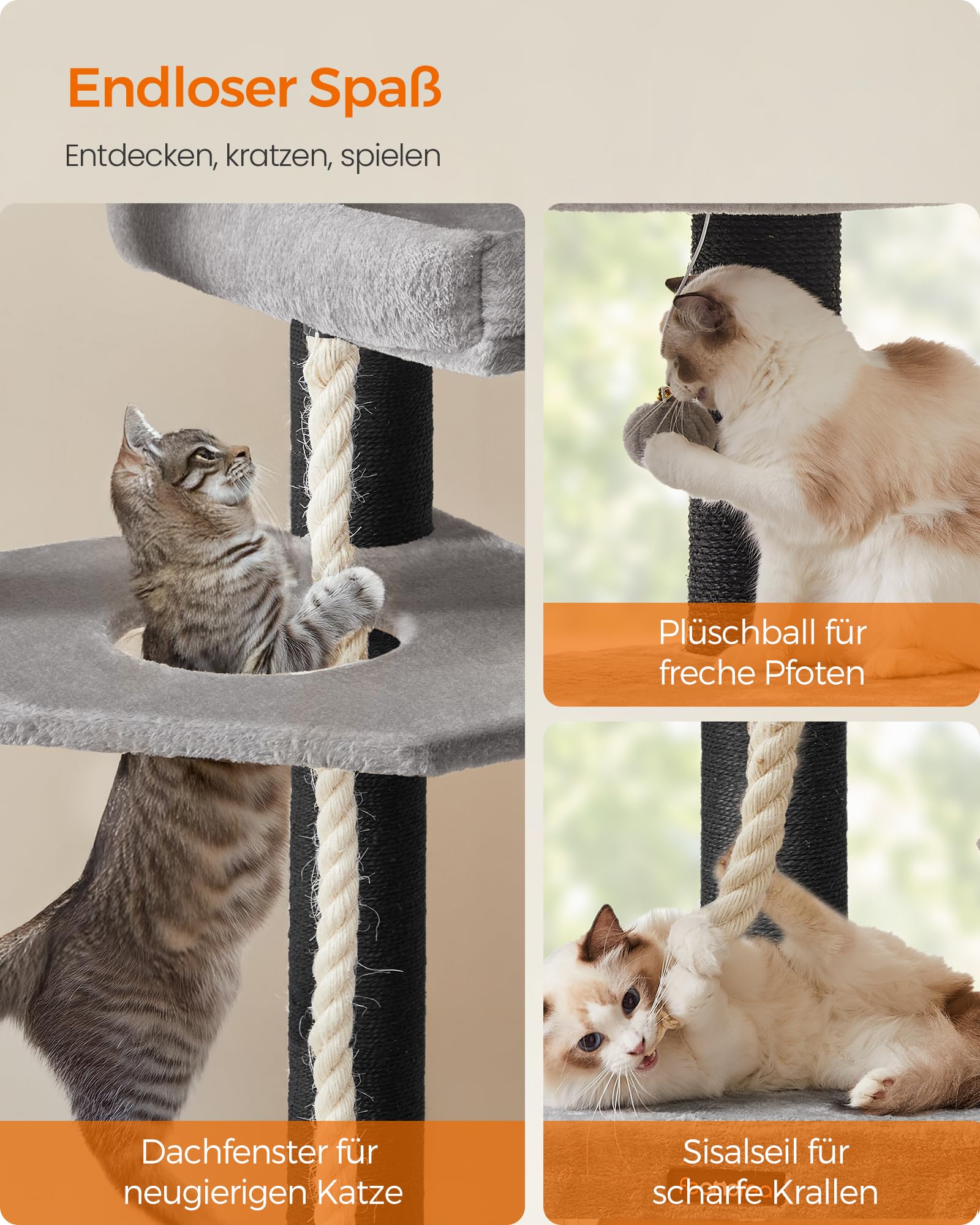 Feandrea Kratzbaum groß, mehrstöckiger Katzenbaum, XXL, 55 x 55 x 186,7 cm, 11 cm d Dicke Sisalstämme, für große Katzen wie Maine-Coon-Katze, Katzenkratzbaum, Taubengrau-tintenschwarz PCT008G02