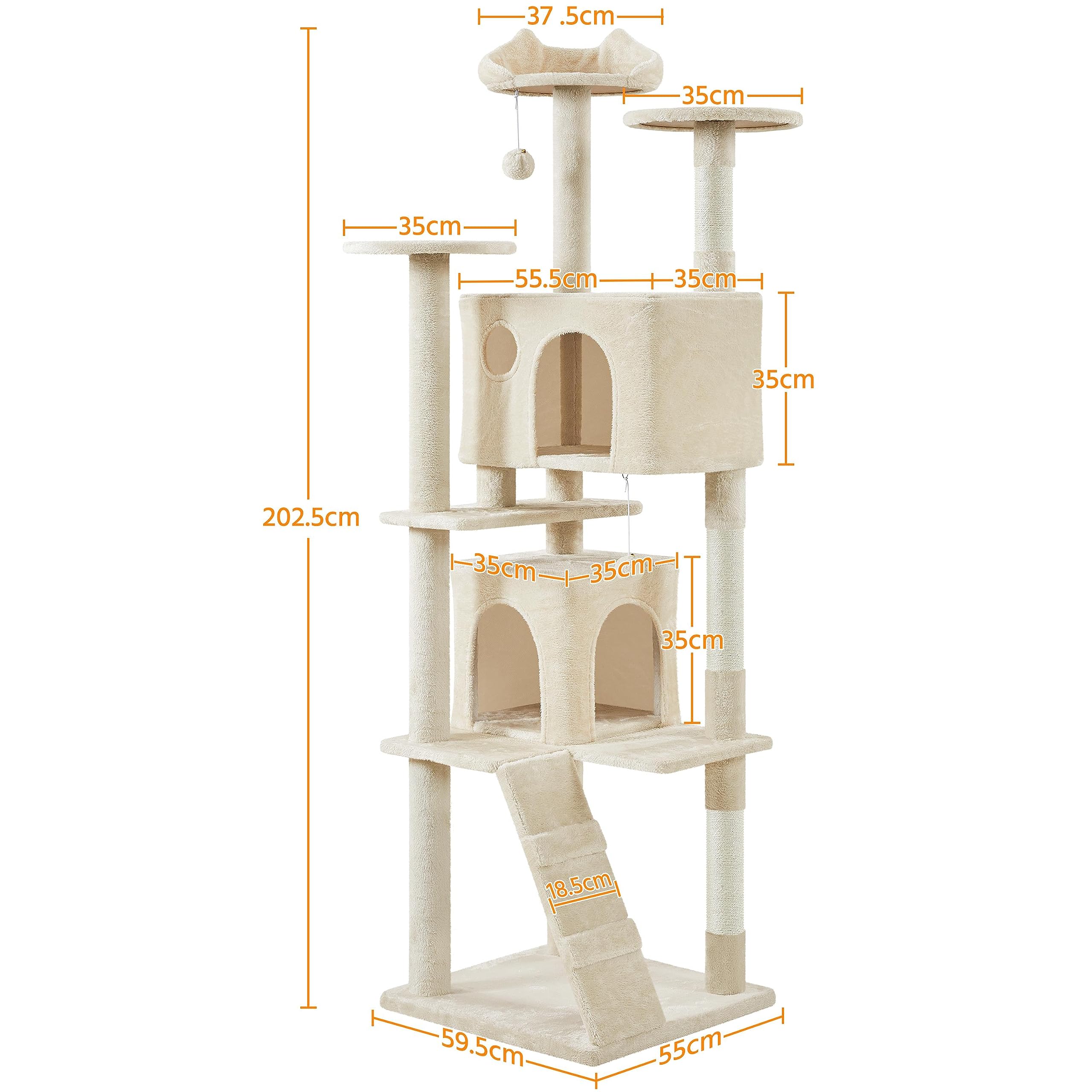 Yaheetech Kratzbaum Groß, 139 cm hoch, Mehrstöckiger Katzenbaum Kletterturm mit 3 Kratzsäulen, 3 Plattformen, 2 Gemütlichen Höhlen, 2 Plüschbällen, Stabiler Aktivitätsbereich für Katzen, Dunkelgrau