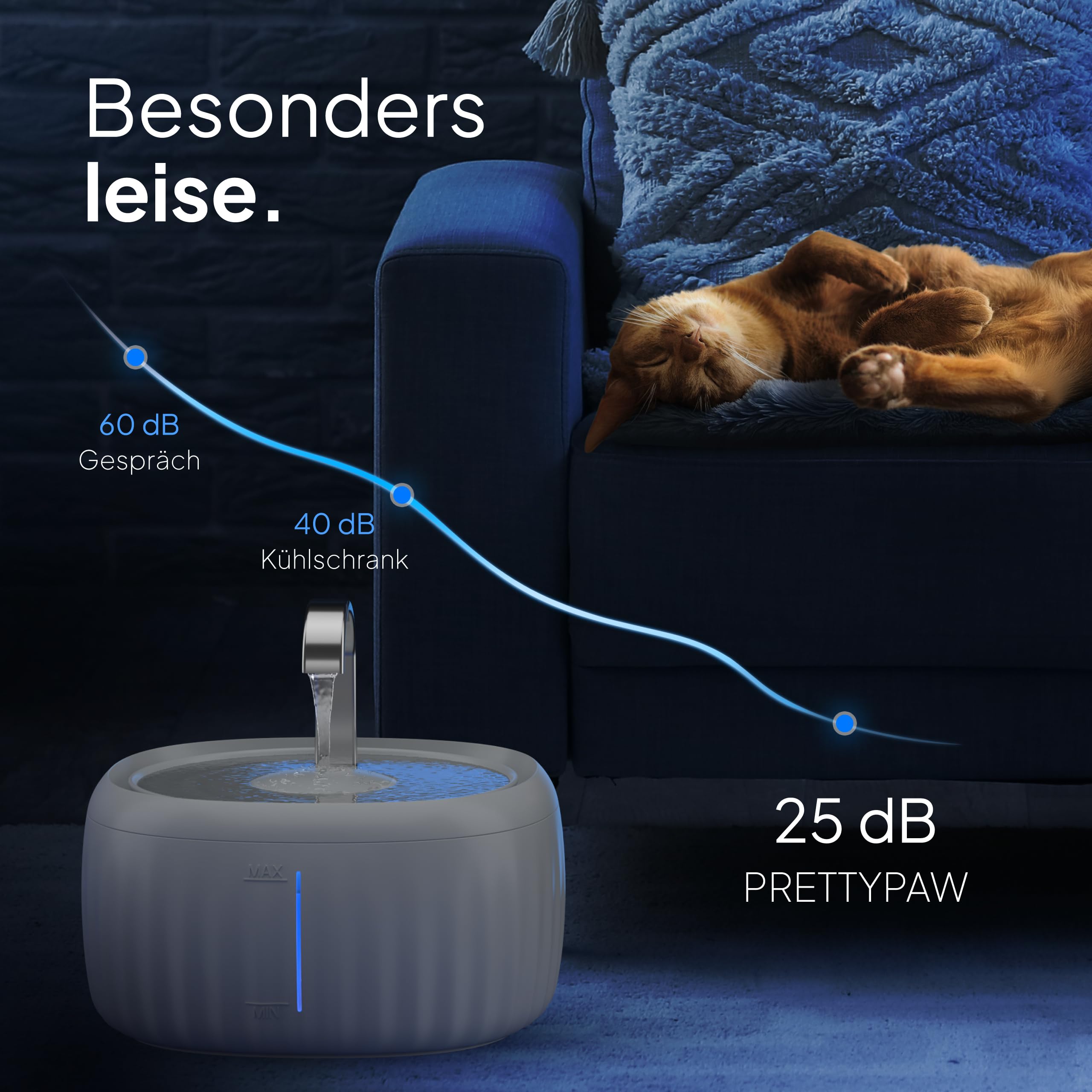 PrettyPaw Katzenbrunnen - Super leiser, BPA-freier 3L Trinkbrunnen für Katze mit LED und Aktivkohlefilter - Leicht zu reinigender Katzen Trinkbrunnen - Aqua Flow (Schwarz)