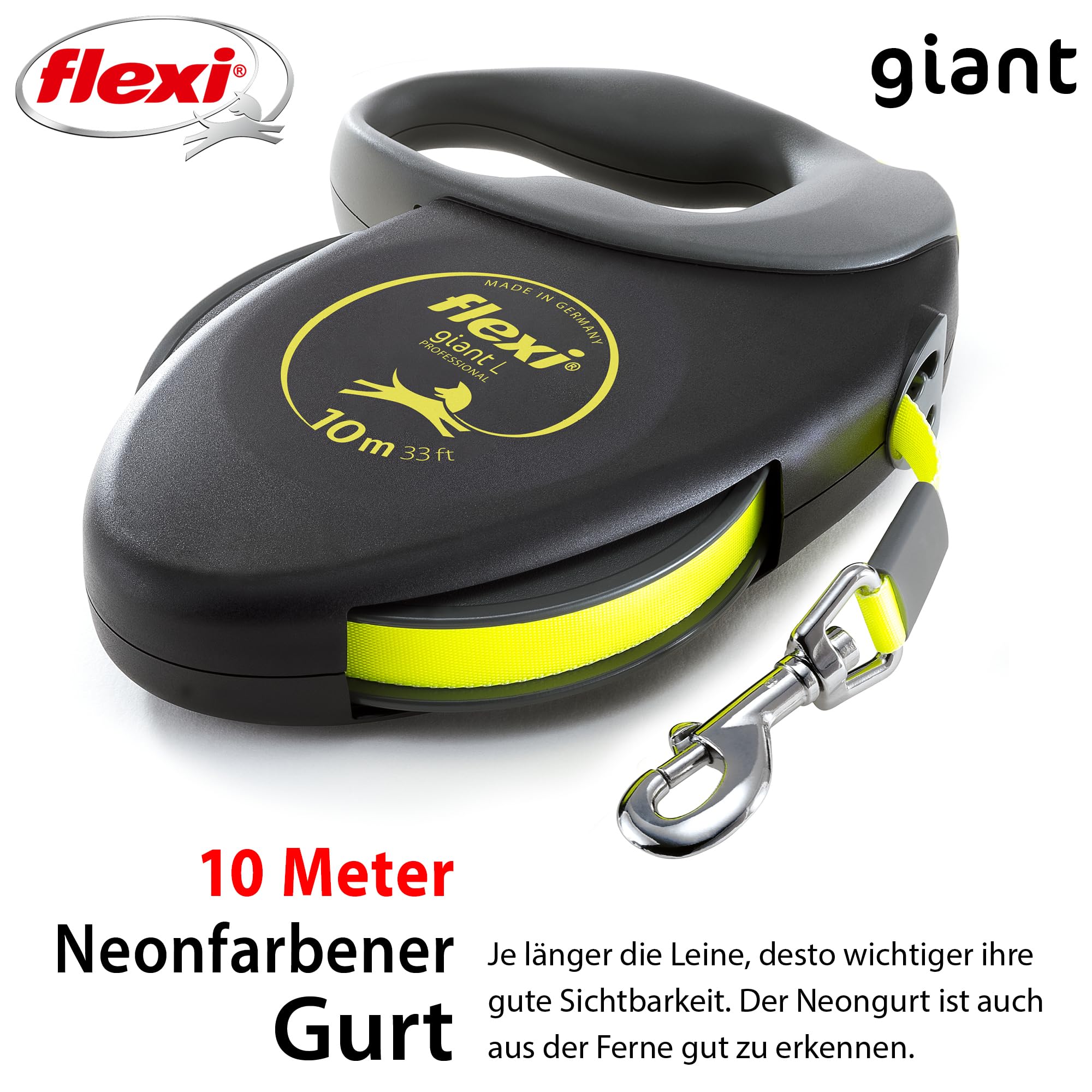 flexi® Giant S/M | 8m Gurt Roll-Leine für Hunde bis 25 kg | schwarz/neon-gelb | ausziehbare Hundeleine | Gewicht 438.4 gr | Maße 15.3 x 19.2 cm