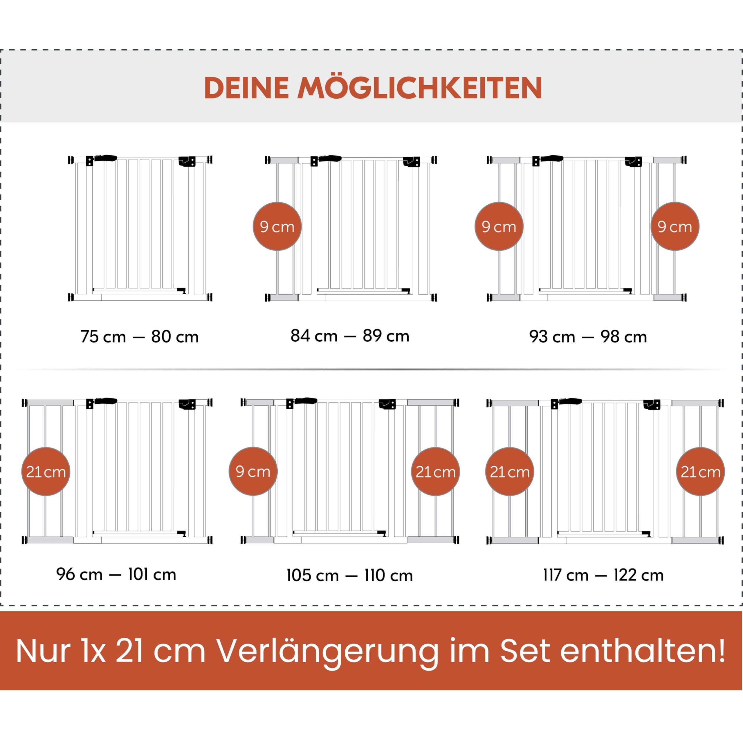hauck Open N Stop 2 + 21 cm Verlängerung, Weiß - Kinderschutzgitter Hundegitter, Verstellbare Breite 96-101 cm, 77 cm Hoch, Beidseitige Einhand Öffnung, ohne Bohren, für Innen