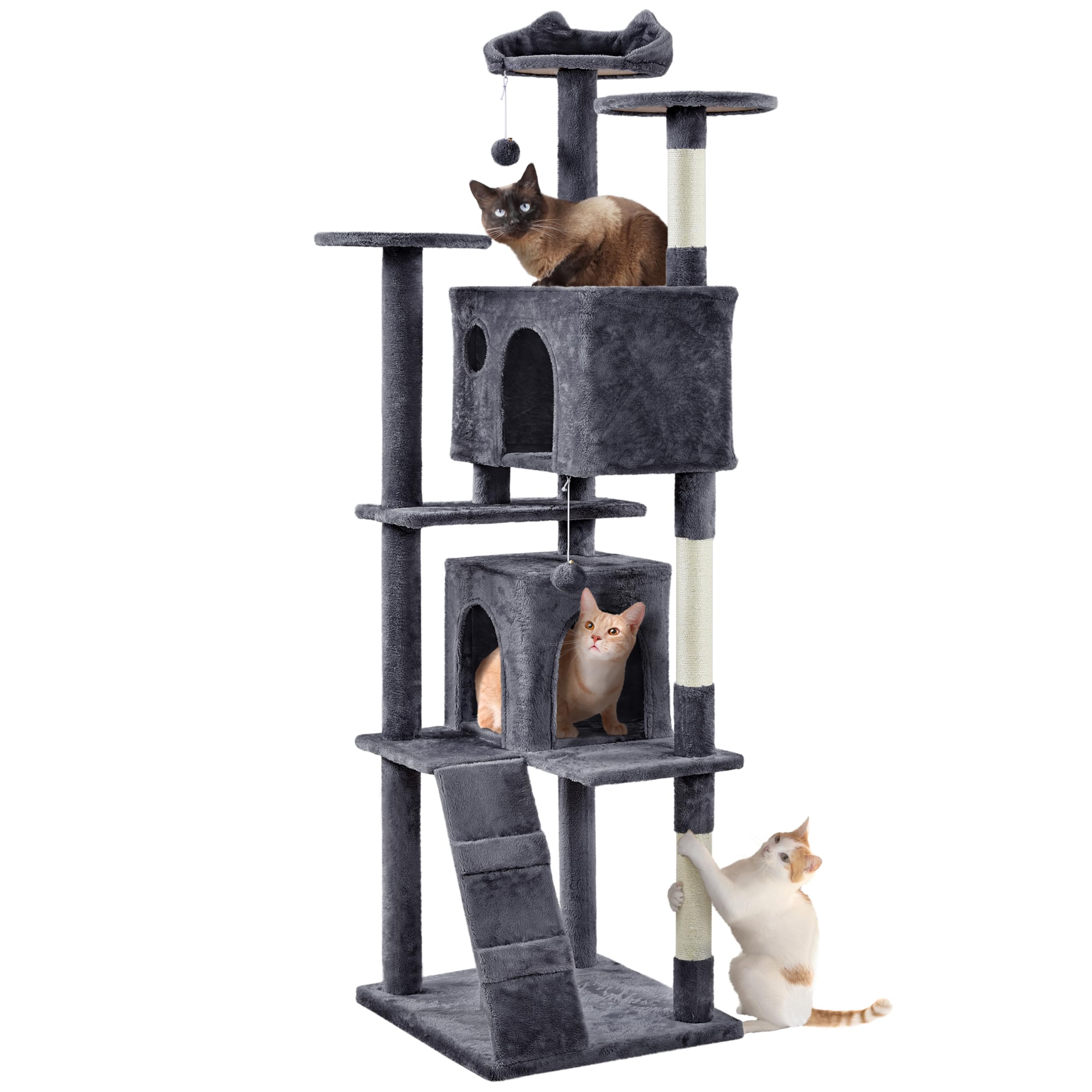 Yaheetech Kratzbaum Groß, 139 cm hoch, Mehrstöckiger Katzenbaum Kletterturm mit 3 Kratzsäulen, 3 Plattformen, 2 Gemütlichen Höhlen, 2 Plüschbällen, Stabiler Aktivitätsbereich für Katzen, Dunkelgrau