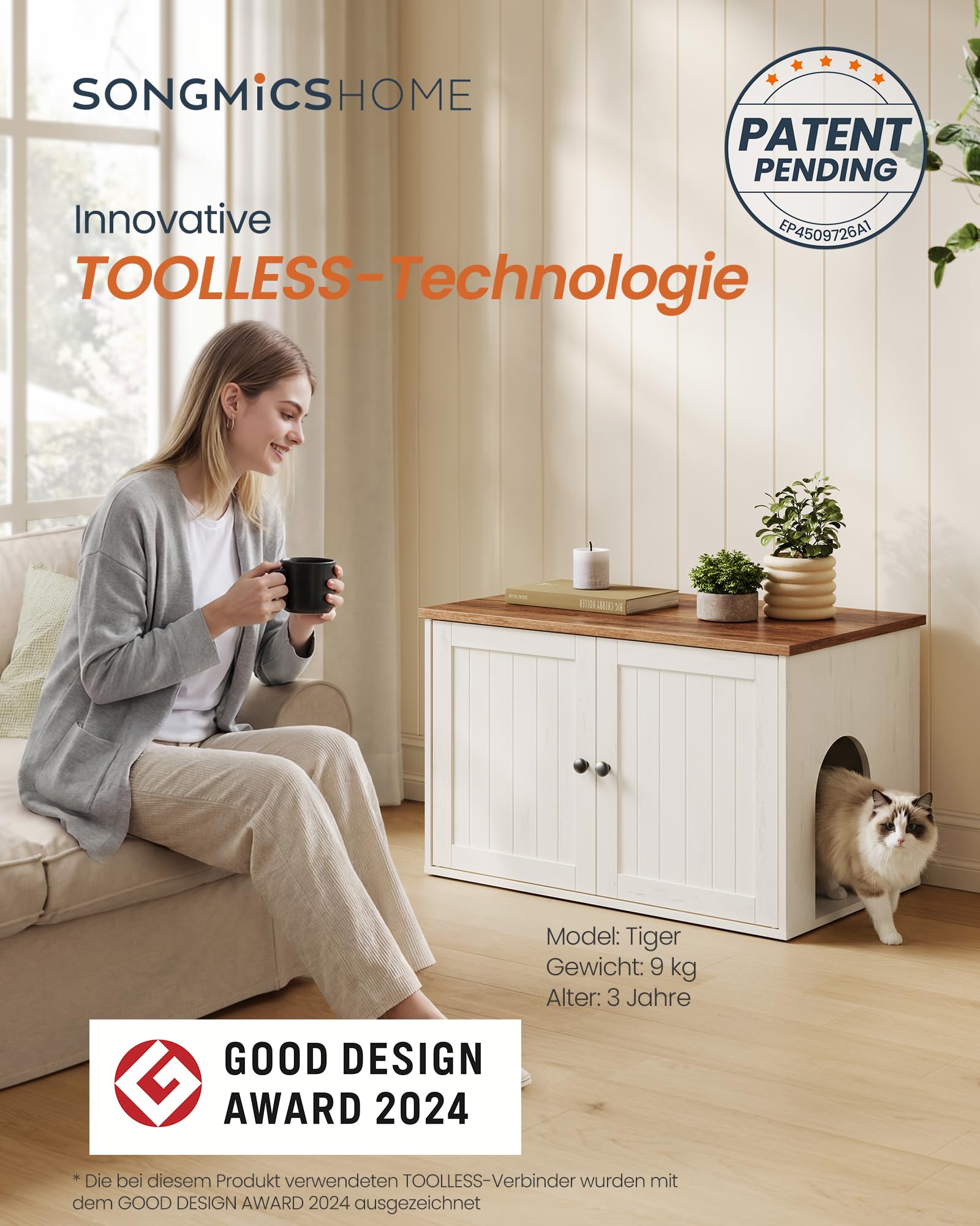 SONGMICS HOME Katzenklo Schrank, superschnelle werkzeuglose Montage, Toolless-Technologie, Katzenhaus für Katzentoilette, Werkzeuglose Montage, Push-to-Open, 80 x 53 x 50cm, schneeweiß PCL013W01