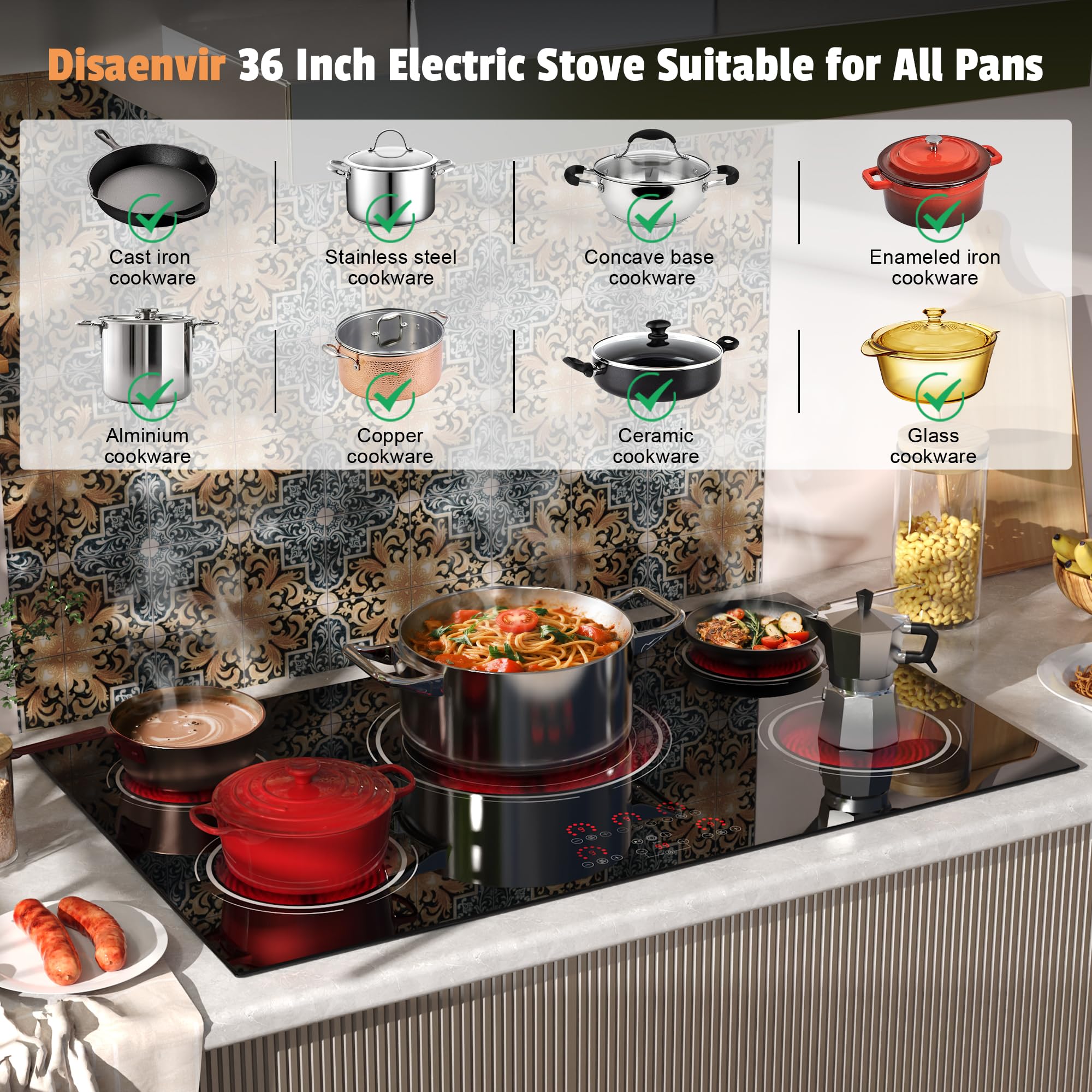 Disaenvir 29.13 Inch (Cut-out Size: 29.13"x19.3") Electric Cooktop - 30 Inch 9000W Powerful 5 Burner Electric Stovetop, Built-in Ceramic Stove 30“, Timer, Safety Lock, Pause, 240V Hard Wired (No Plug)