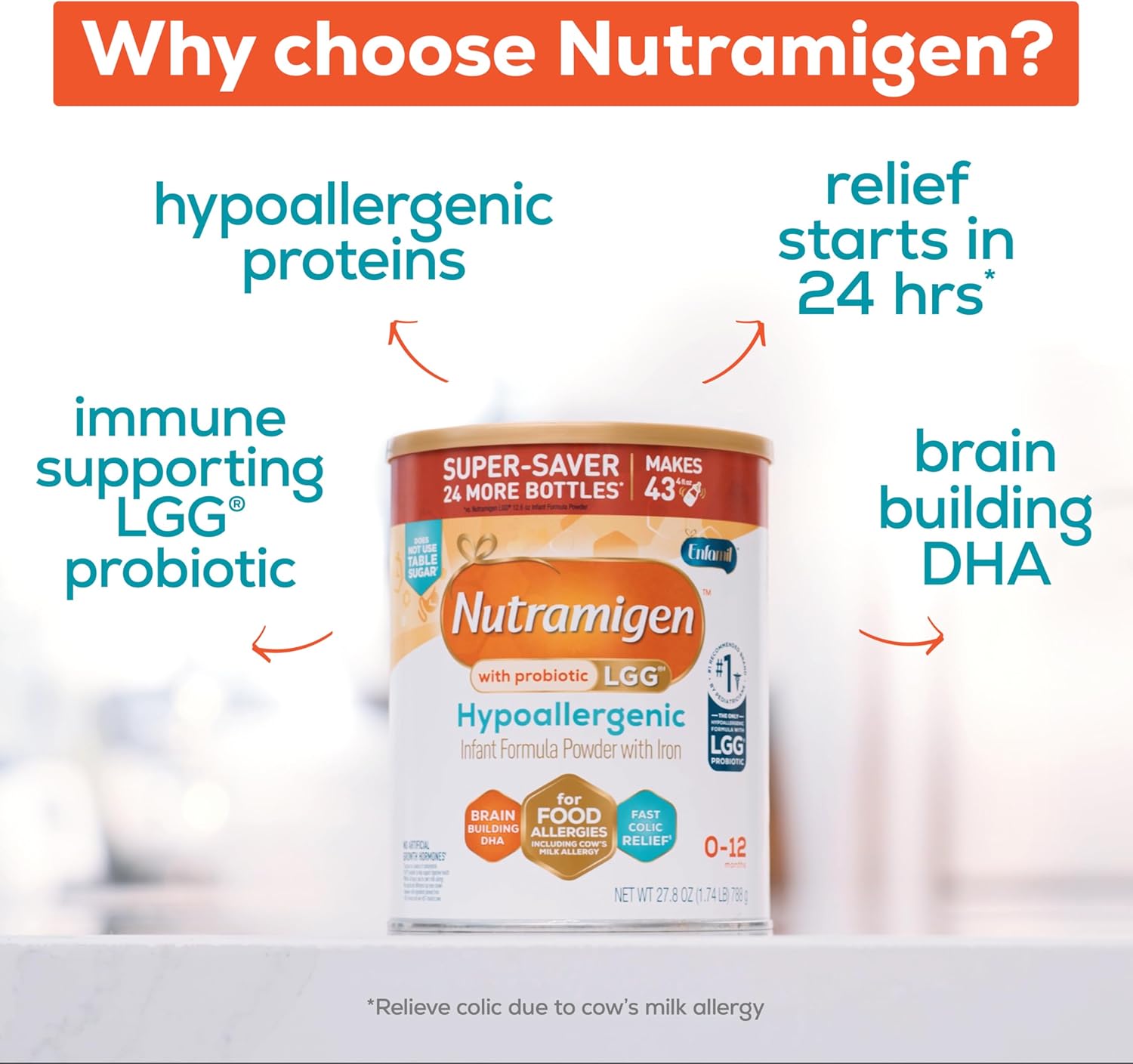 Enfamil Nutramigen Hypoallergenic Infant Formula with Iron, Lactose-Free, Colic Relief from Cow's Milk Allergy Starts in 24 Hours, Brain-Building DHA, Probiotic LGG for Immune Support, 27.8 Oz Can