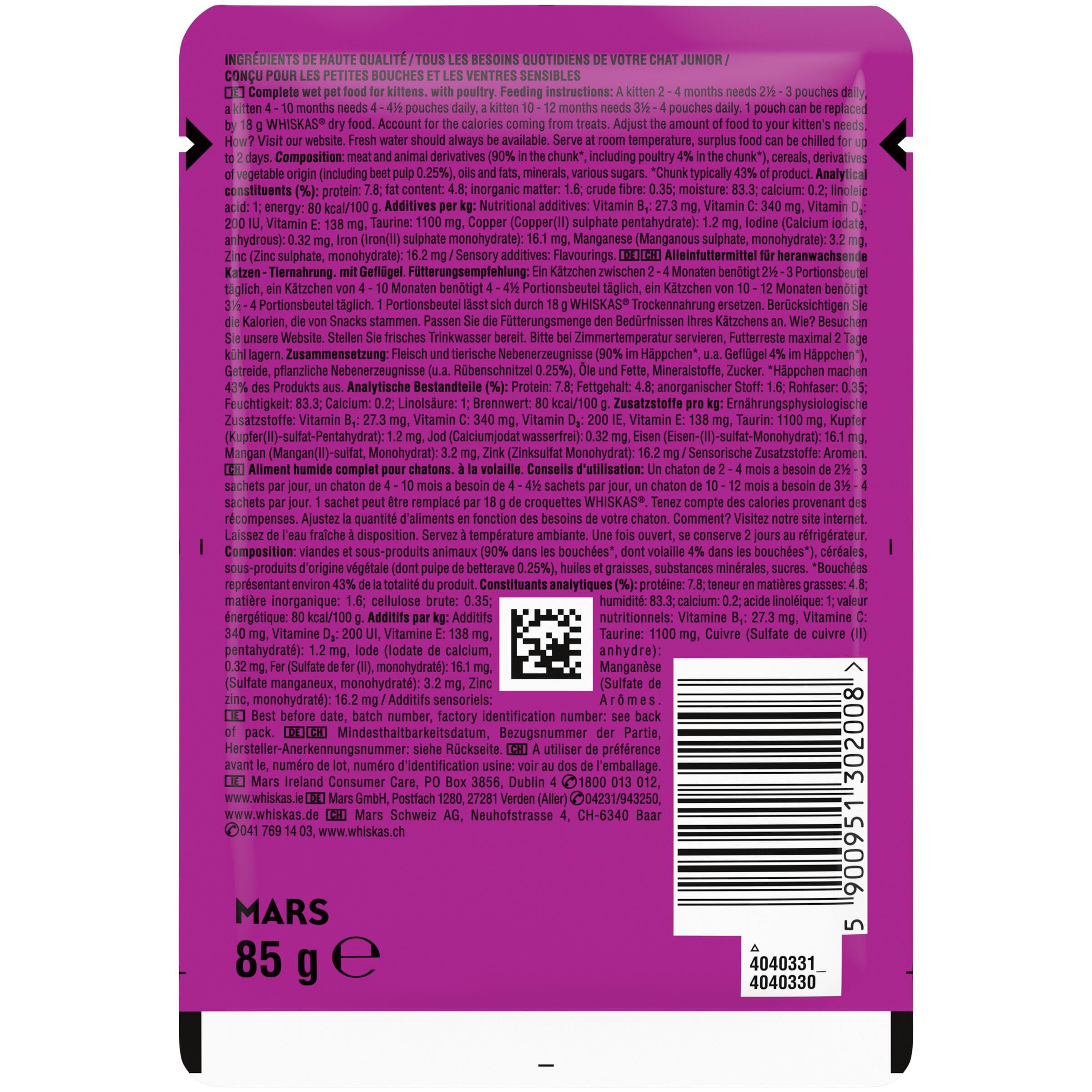 Whiskas Junior Katzennassfutter Klassische Auswahl in Sauce, 48 Portionsbeutel, 12x85g (4er Pack) – Hochwertiges Katzenfutter nass, für heranwachsende Katzen von 2 bis 12 Monaten
