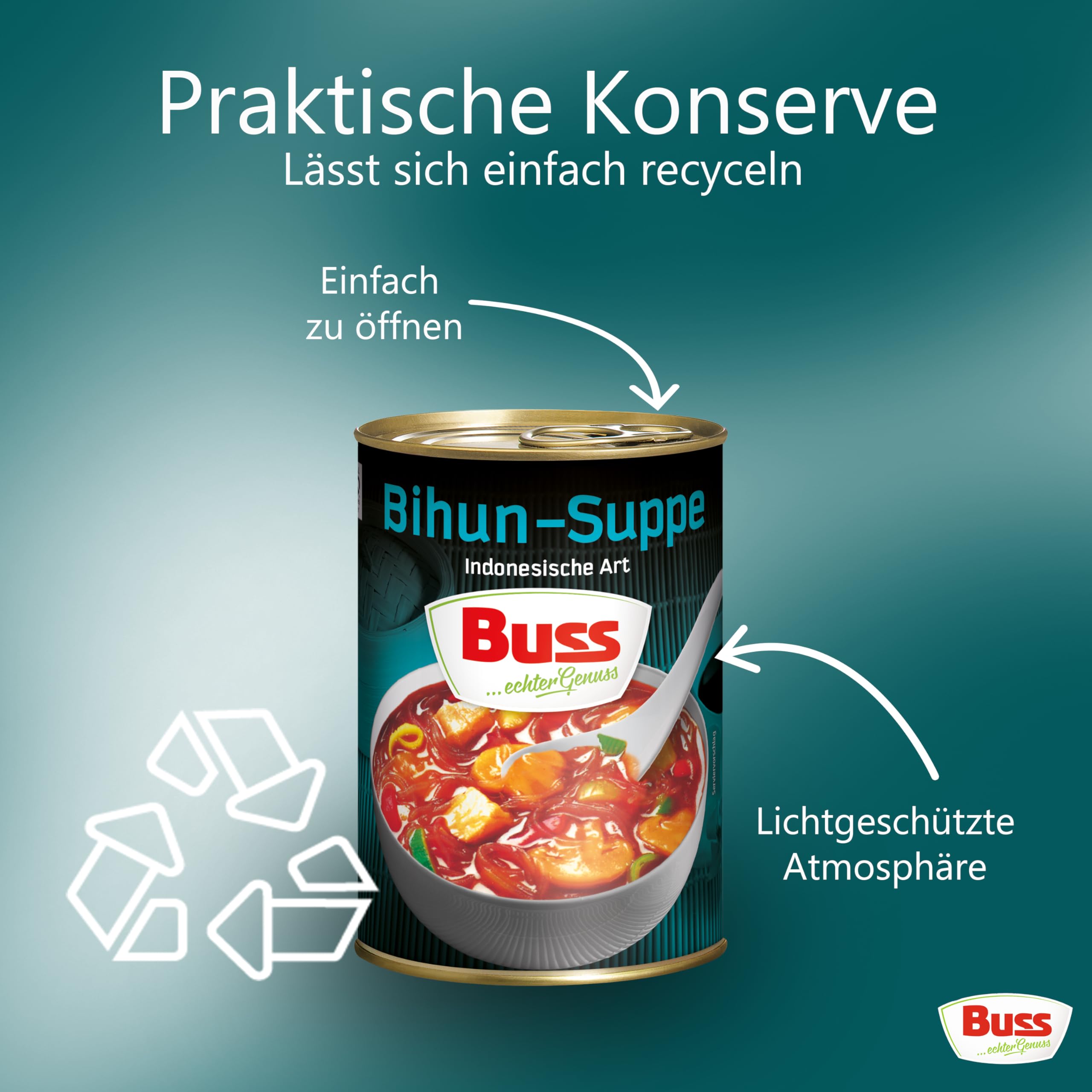 Buss Asia Suppen - Bihunsuppe Original nach indonesischer Art - Milde Asia Suppe mit Paprika, Hühnerfleisch und Glasnudeln - Schnelle Fertiggerichte zum Aufwärmen in Mikrowelle & Topf - 12 x 400g
