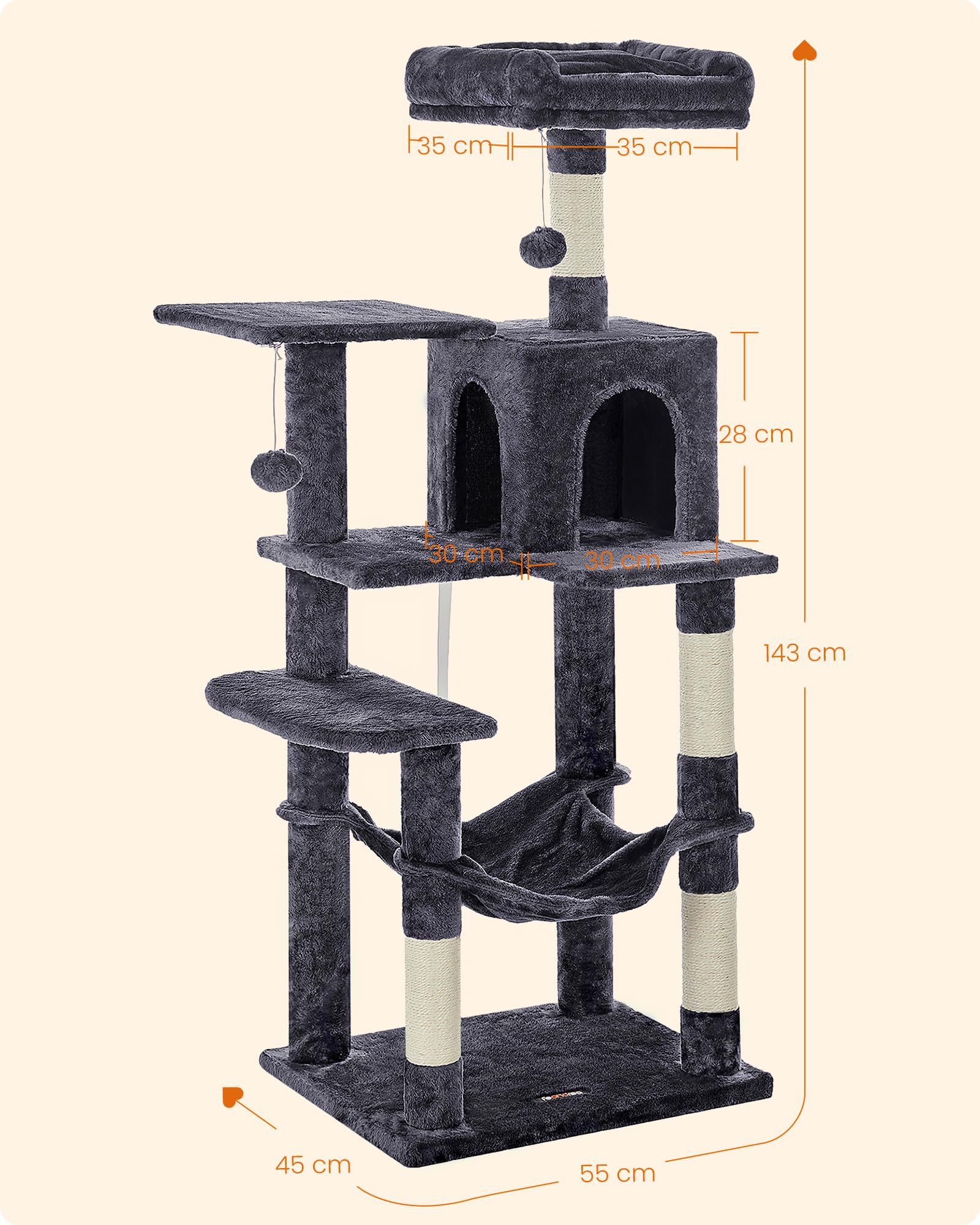 Feandrea Kratzbaum, 143 cm hoch, Katzenbaum, mehrstöckiges Katzenhaus, mit 4 Kratzsäulen, 2 Plattformen, Hängematte, Höhle, hellgrau PCT161W01