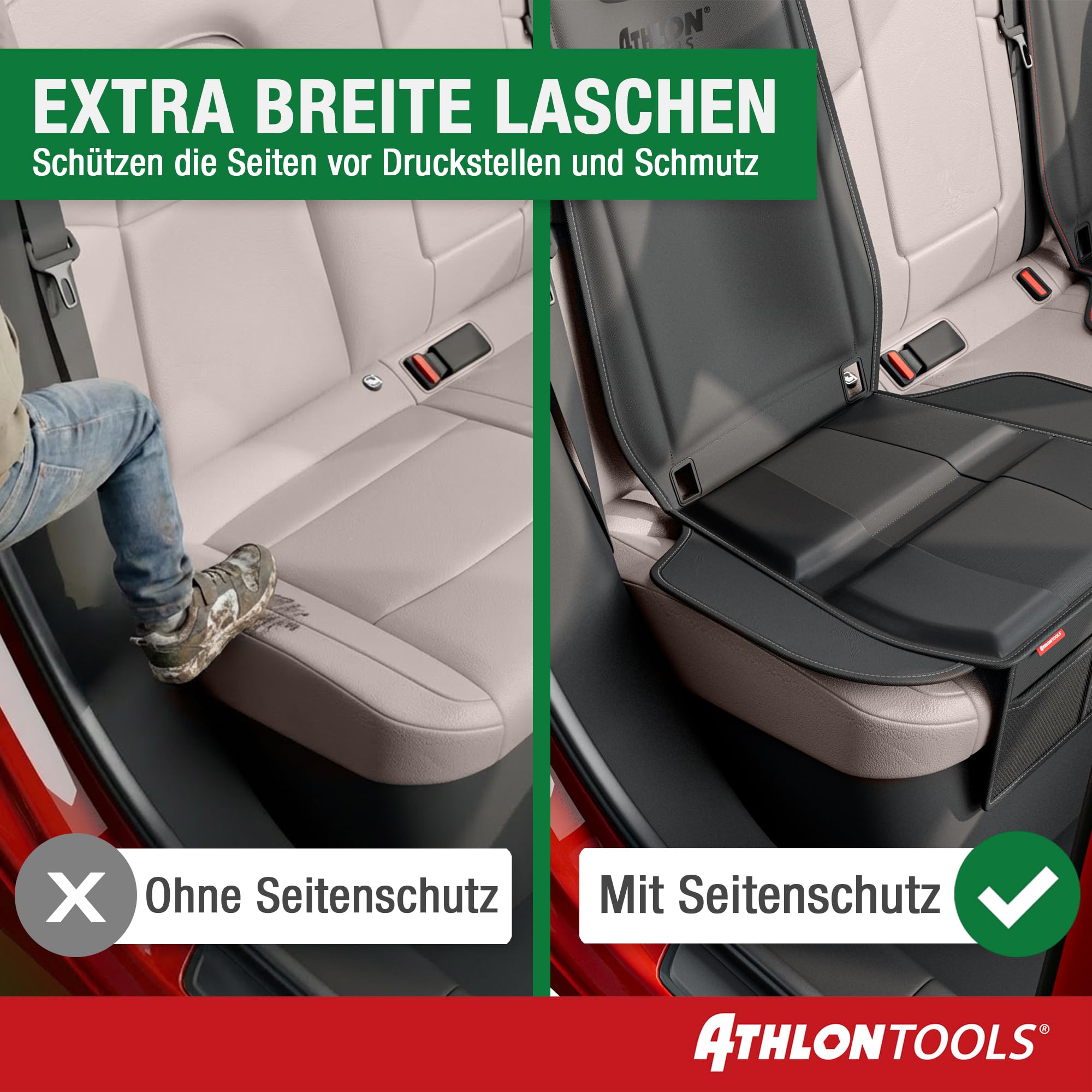 ATHLON TOOLS Kindersitzunterlage Auto mit Seitenschutz - Optimale Passform - Isofix kompatibel - Dick gepolstert - für Kindersitze, Babyschalen und Sitzerhöhungen - Patentiertes Design aus Hamburg