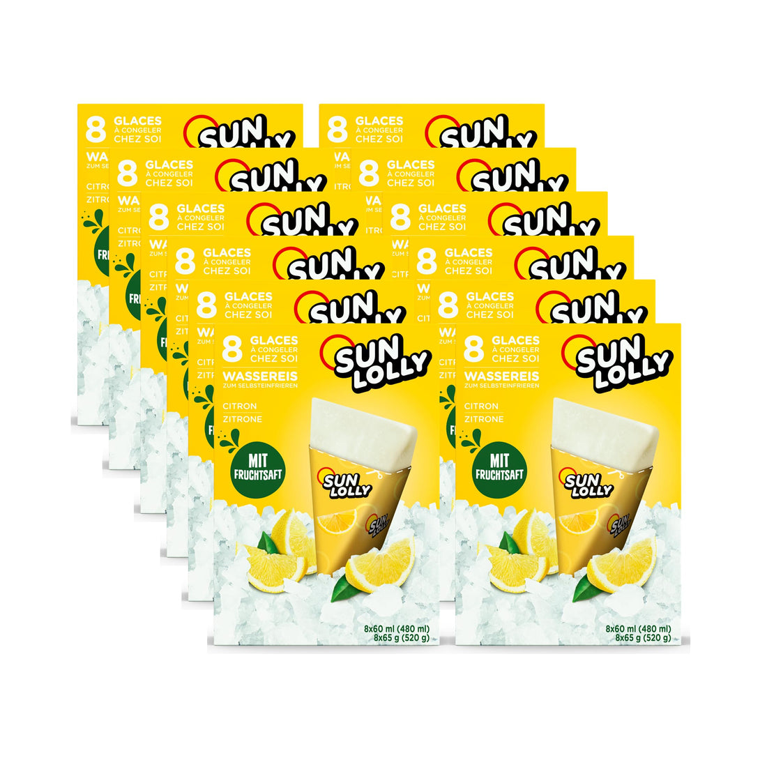 Sun Lolly Wassereis Zitrone 12er Vorratspack | Mit Fruchtsaft | Zum Selbsteinfrieren | Ohne künstliche Aromen | Frei von Süßungsmittel | Laktosefrei | Glutenfrei | 12 x 480ml