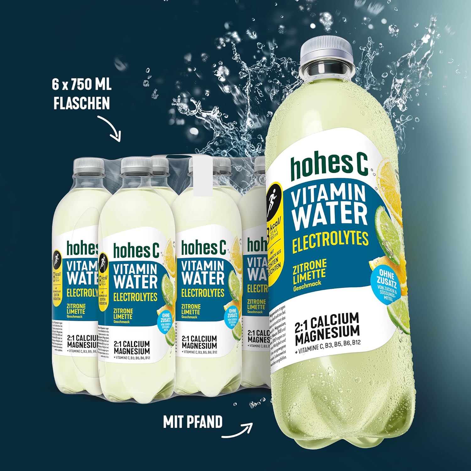 hohes C Vitamin Water Protect Limette & Ingwer (6 x 750ml), für dein Immunsystem: Vitamin C, D, E + Zink, gegen oxidativen Stress, nur 6kcal/100ml, ohne Zuckerzusatz & Süßungsmittel, vegan