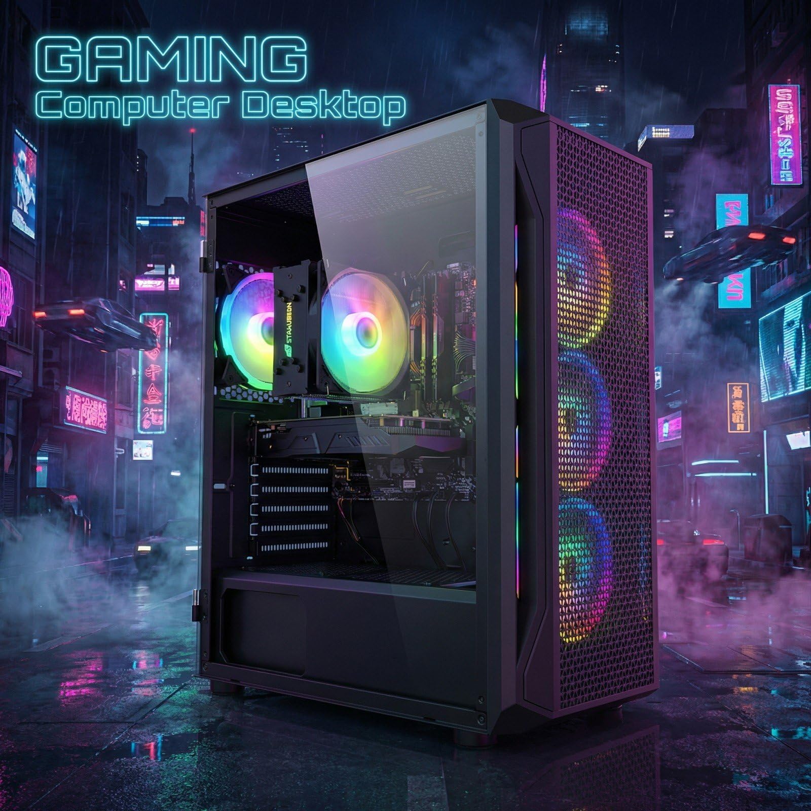 STGAubron Gaming PC Desktop Computer, Intel Core i7 up to 3.9GHz, Radeon RX 580 8G, 16G RAM, 512G SSD, WiFi 6, BT 5.0, RGB Fan x4, Windows 11 Home