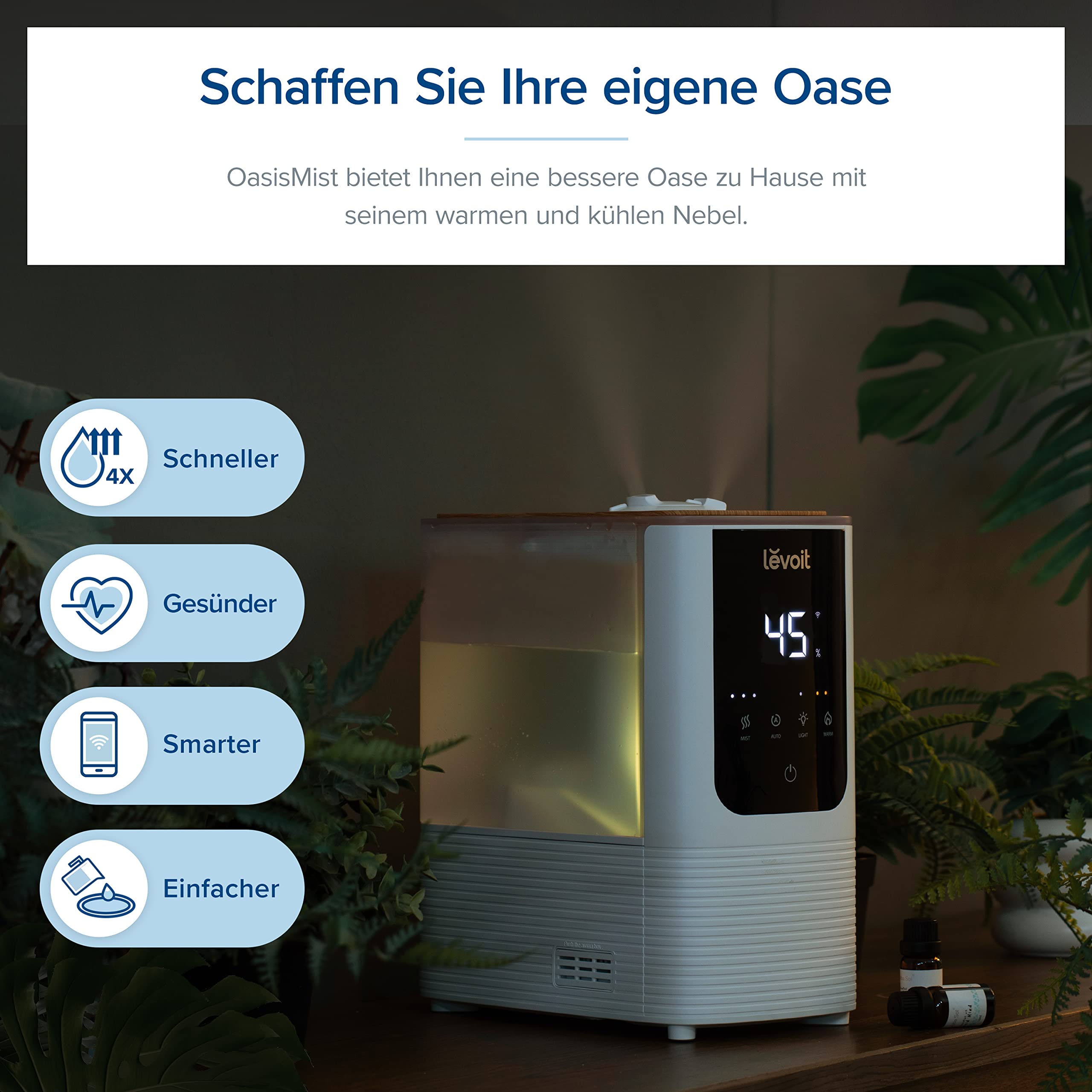 Levoit Luftbefeuchter Schlafzimmer, 23dB leise Humidifier, Top-Fill für Baby, bis 25H, Raumbefeuchter mit 360 grad Drehdüse für Kinderzimmer, Pflanzen, Auto Shut-off, 2,5 L, Weiß