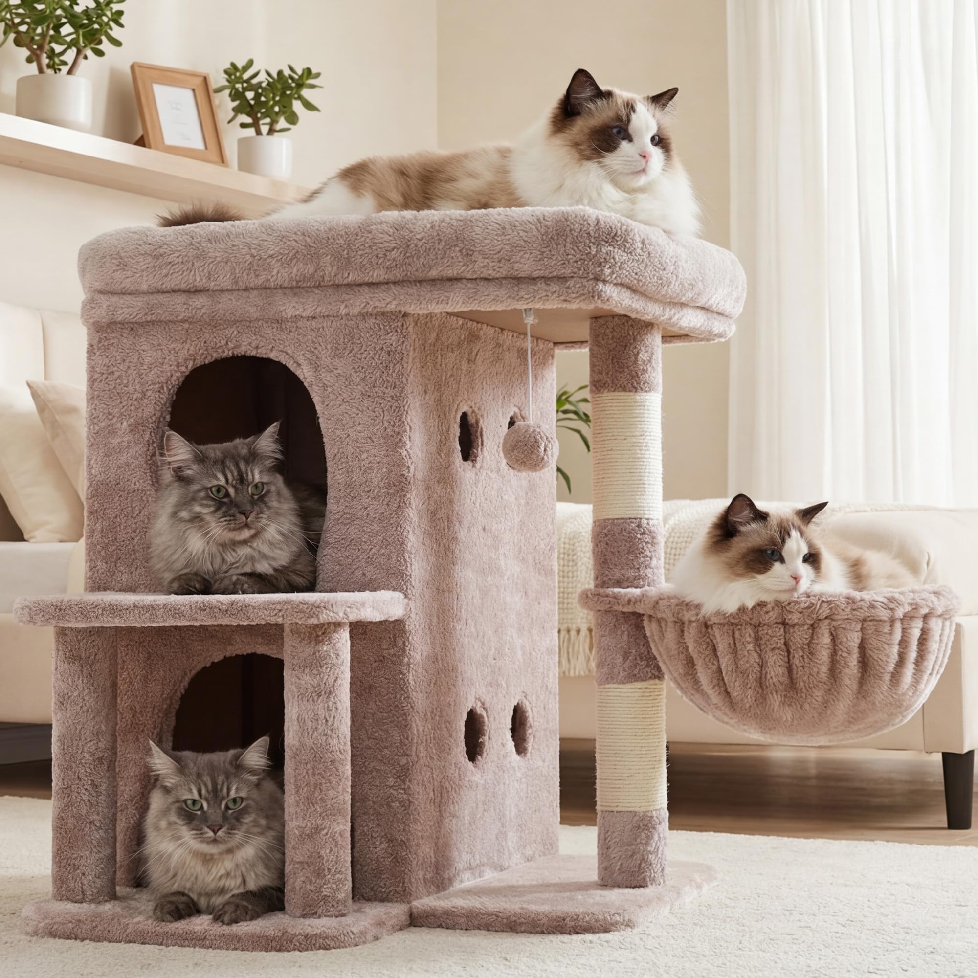 Heybly Kratzbaum, 65 cm Hoher Katzenbaum mit Extra-Großer Plattform, Gestuftes Katzenmöbel mit Doppelhaus, Inklusive Sisal-Kratzsäule, Katzenkorb und Spielzeug für Katzen, Hellgrau HCT204SW