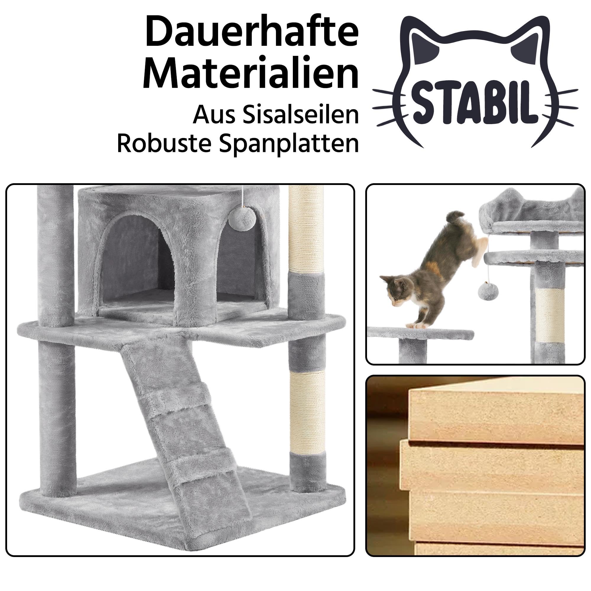 Yaheetech Kratzbaum Groß, 139 cm hoch, Mehrstöckiger Katzenbaum Kletterturm mit 3 Kratzsäulen, 3 Plattformen, 2 Gemütlichen Höhlen, 2 Plüschbällen, Stabiler Aktivitätsbereich für Katzen, Dunkelgrau