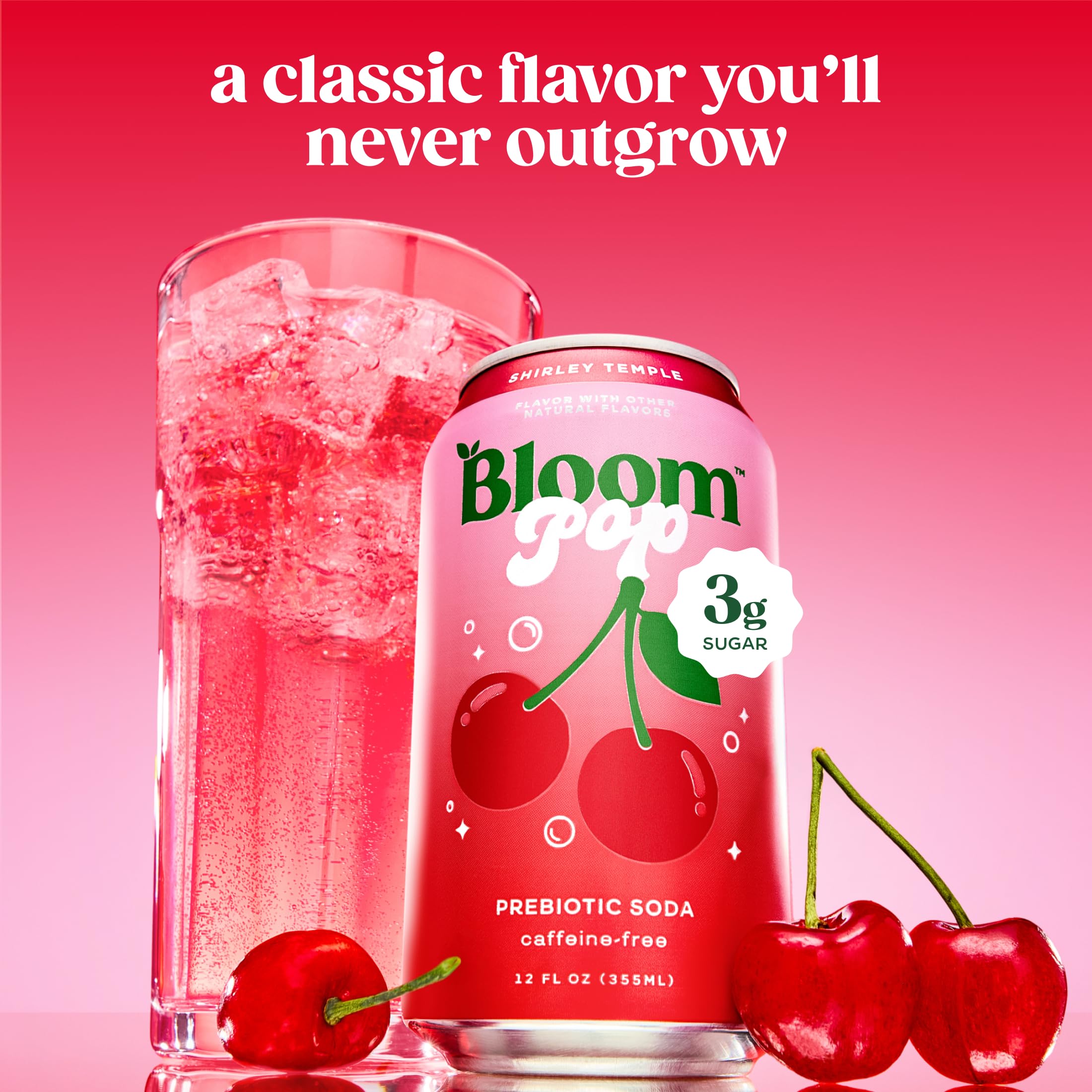 Bloom Pop Prebiotic Soda 12 Pack, Shirley Temple Flavor, 12oz Cans | Prebiotic Soda for Gut Health, Low Calorie Soda, No Caffeine, Healthy Soft Drink Alternative