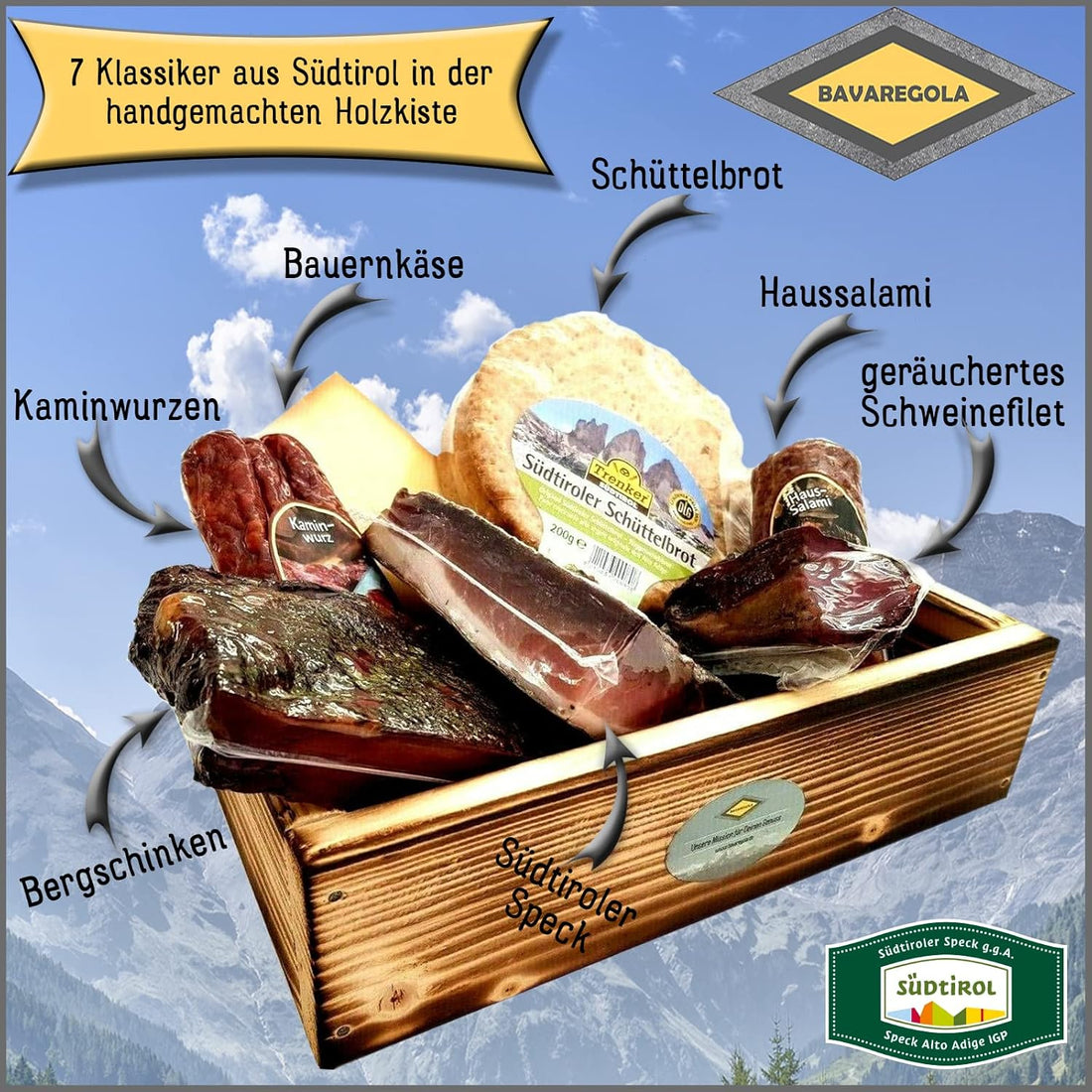 BAVAREGOLA Südtirol Geschenkekiste mit 7 Südtiroler Spezialitäten - Präsentkorb gefüllt mit Speck, Käse, Salami - Genuss Geschenk für Männer & Frauen
