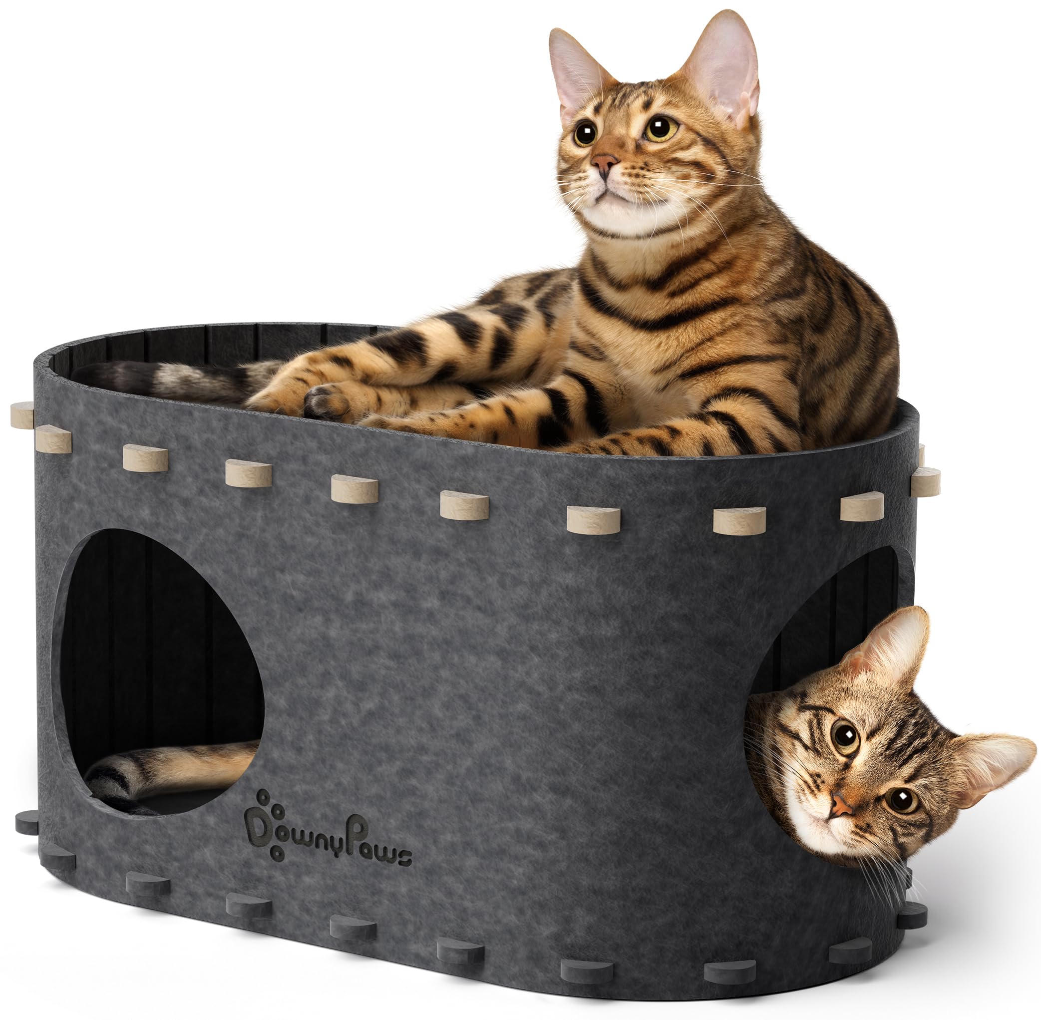 Katzenhöhle Filz, Katzenhaus aus Filz, Katzenbett, Katzenhöhle für Katzen, 58 x 33 x 30cm, Peek-a-Boo zum Spielen, Winterfest, Schutz der Katzennägel, Beige