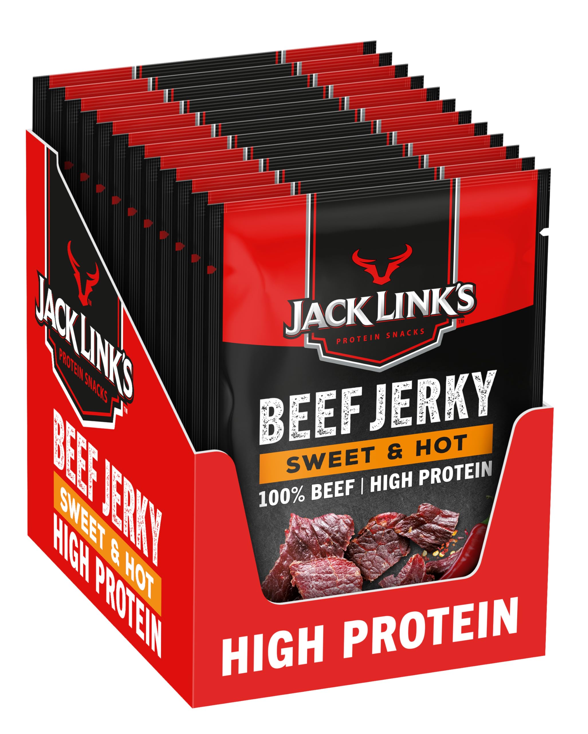 Jack Links Beef Jerky Original – 12er Pack (12 x 25g) – Trockenfleisch Eiweiß Snacks - High Protein Snack für Gym, Fitness, Outdoor - American Food für Menschen - Dörrfleisch Chips aus Rind Fleisch