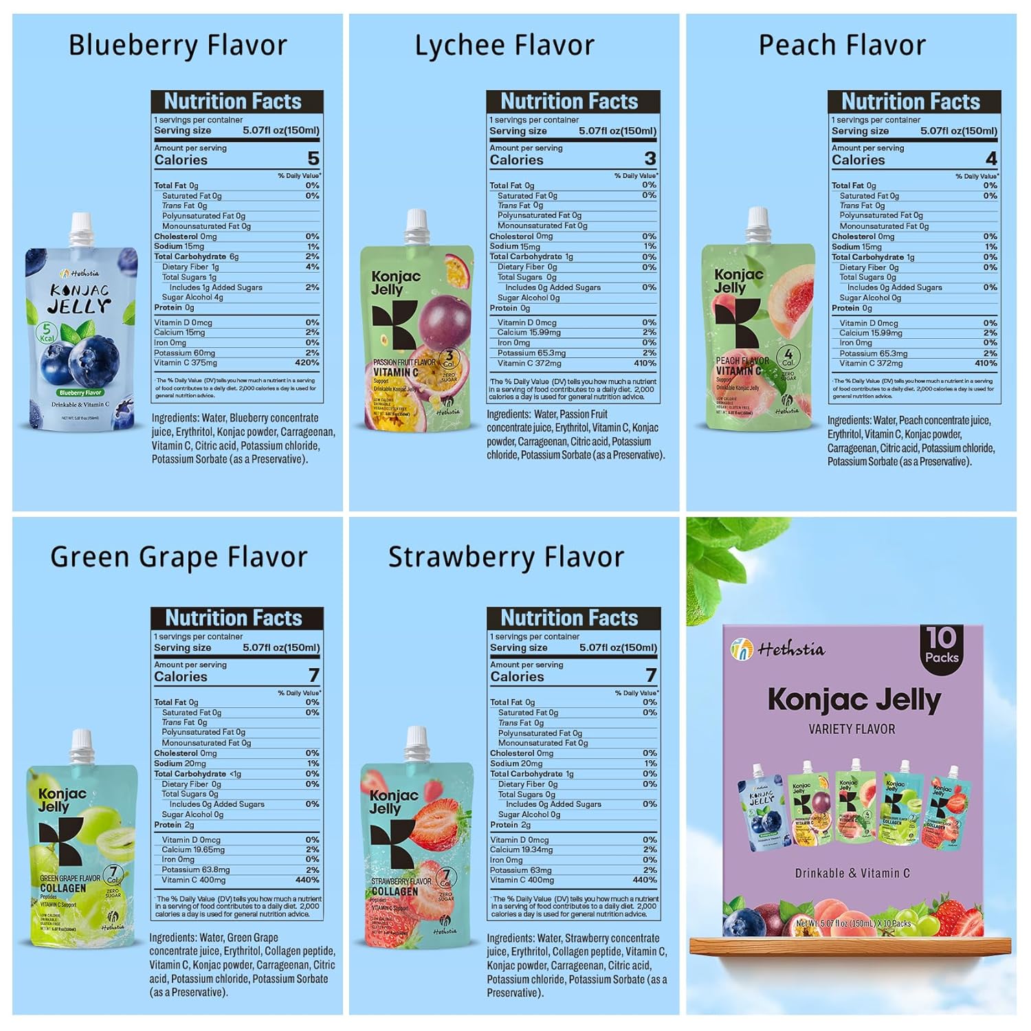 Hethstia Konjac Jelly Variety Pack, 10 Pouches Drinkable Jelly– Blueberry, Peach, Passion Fruit, Green Grape, Strawberry – Low Calorie Snack with Vitamin C, Keto, Gluten-Free, On-the-Go Healthy Treat