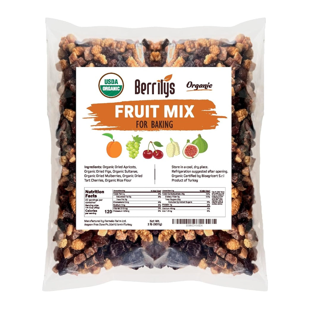 Berrily's Dried Fruit Mix, 2 Lbs, Organic, Diced Figs, Diced Apricots, White Mulberries, Sultanas, Sour Cherries, No Sugar Added, Trail Mix for Baking and Snacking