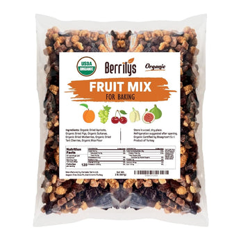 Berrily's Dried Fruit Mix, 2 Lbs, Organic, Diced Figs, Diced Apricots, White Mulberries, Sultanas, Sour Cherries, No Sugar Added, Trail Mix for Baking and Snacking