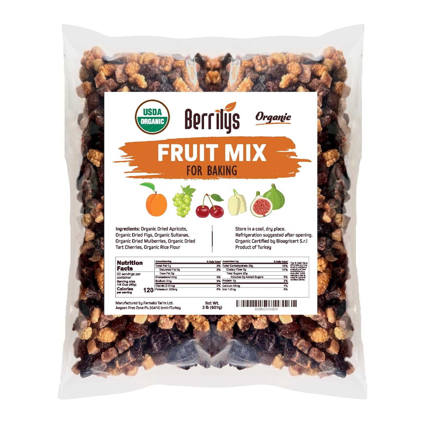 Berrily's Dried Fruit Mix, 2 Lbs, Organic, Diced Figs, Diced Apricots, White Mulberries, Sultanas, Sour Cherries, No Sugar Added, Trail Mix for Baking and Snacking