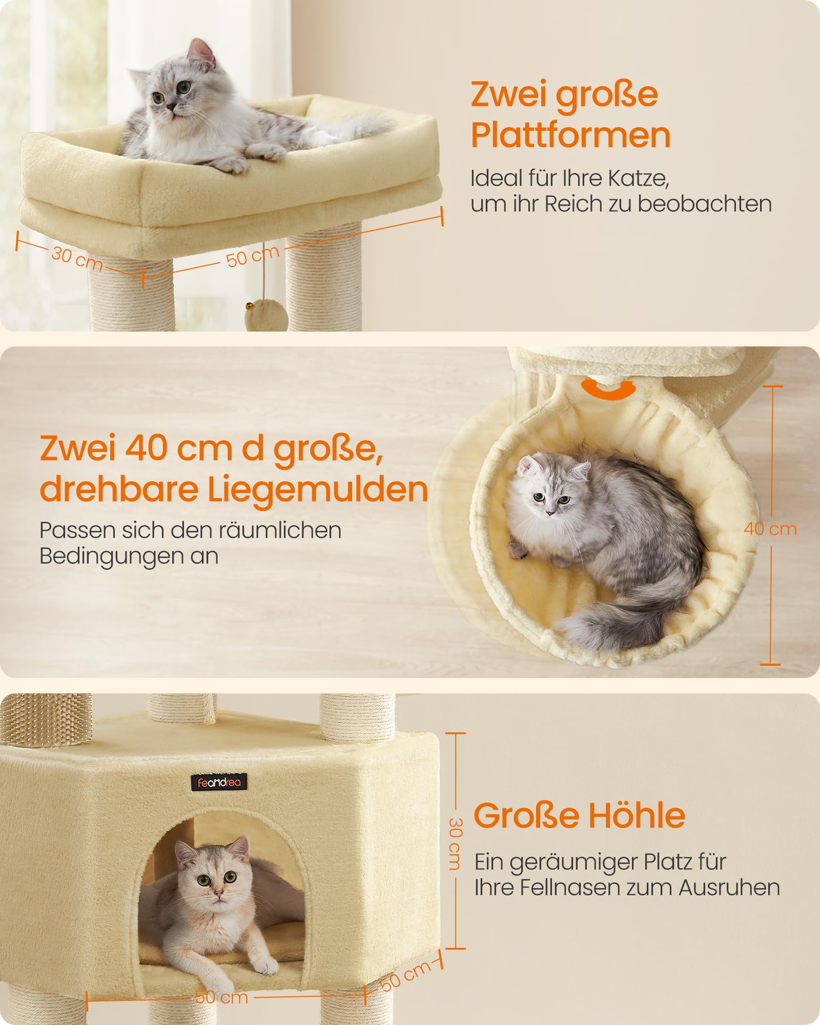Feandrea Kratzbaum, mit warmen Decken, für große Katze, Katzenbaum, 2 Katzenbürsten, 11,1 cm d Dicke Stämme, große Plattformen, Höhle, 50 x 50 x 160 cm, Taubengrau-schwarz PCT003W01