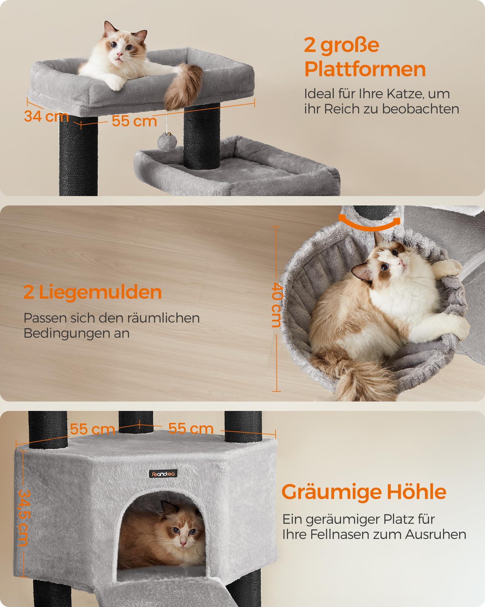 Feandrea Kratzbaum groß, mehrstöckiger Katzenbaum, XXL, 55 x 55 x 186,7 cm, 11 cm d Dicke Sisalstämme, für große Katzen wie Maine-Coon-Katze, Katzenkratzbaum, Taubengrau-tintenschwarz PCT008G02