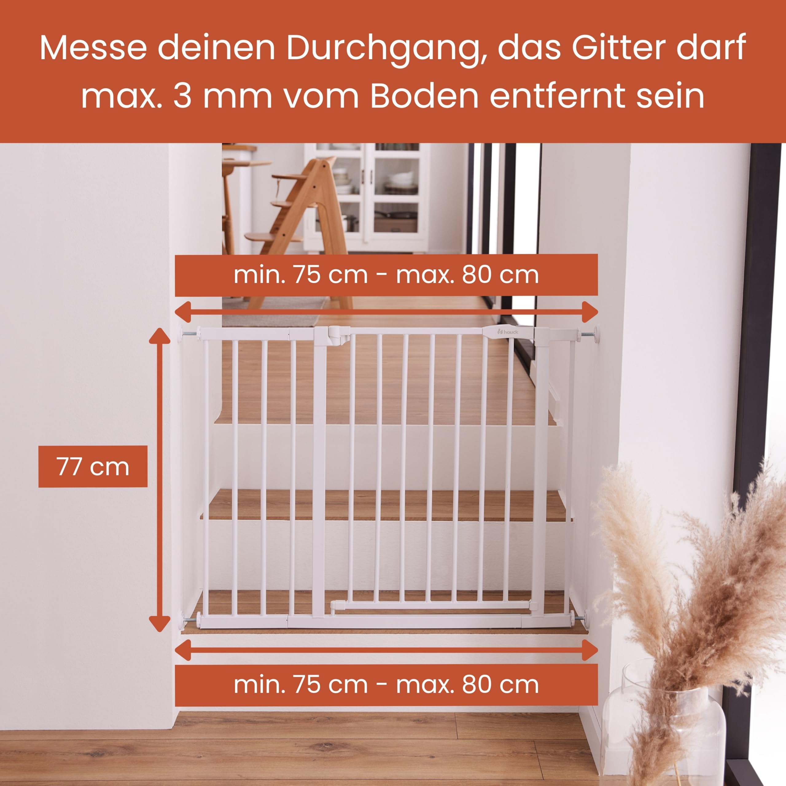 hauck Open N Stop 2 + 21 cm Verlängerung, Weiß - Kinderschutzgitter Hundegitter, Verstellbare Breite 96-101 cm, 77 cm Hoch, Beidseitige Einhand Öffnung, ohne Bohren, für Innen