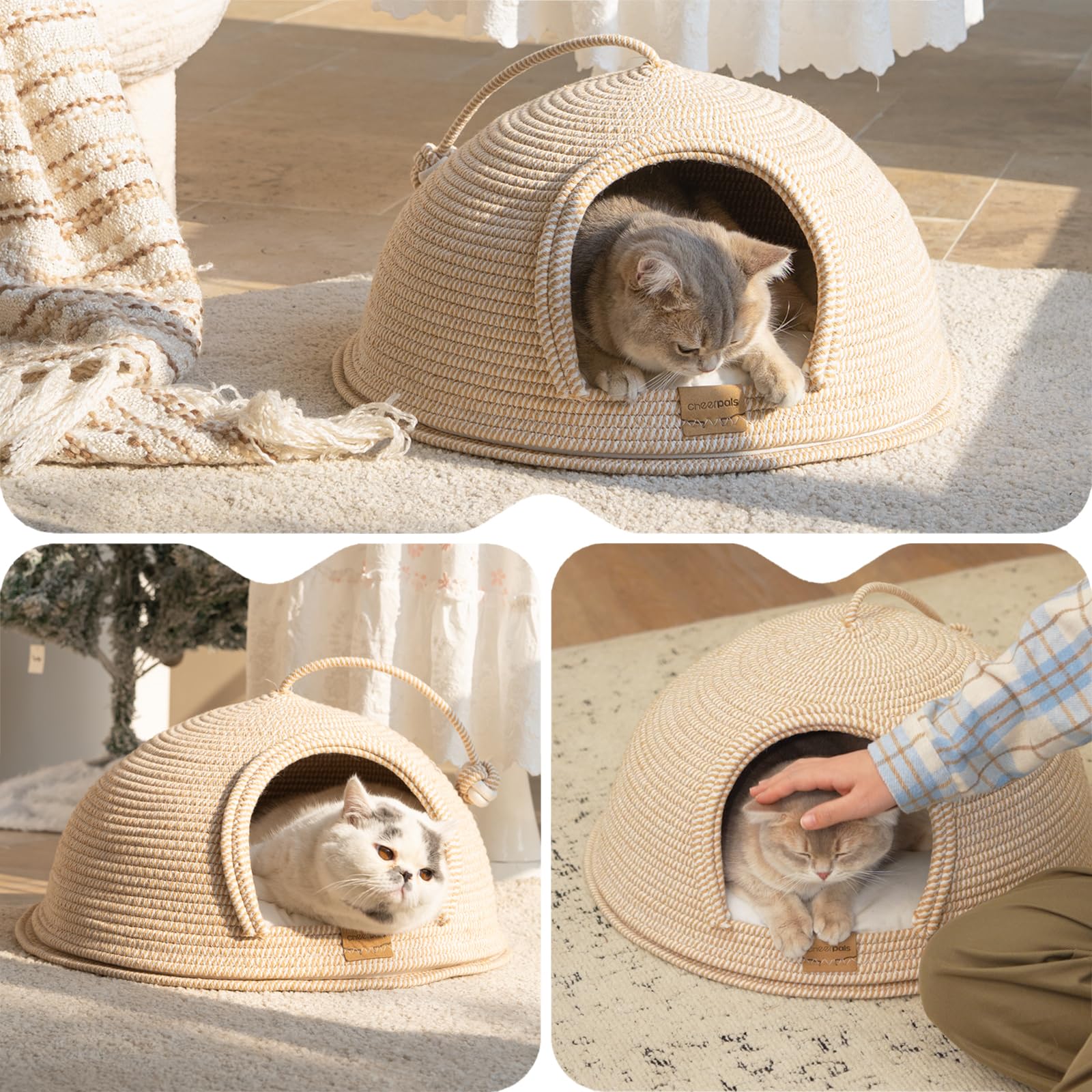 CheerPals Katzenbett mit Kissen, 47cm Waschbar Katzenkorb aus Baumwollseilen geflochten, zum Schlafen für Alle Katze, All Season Universal