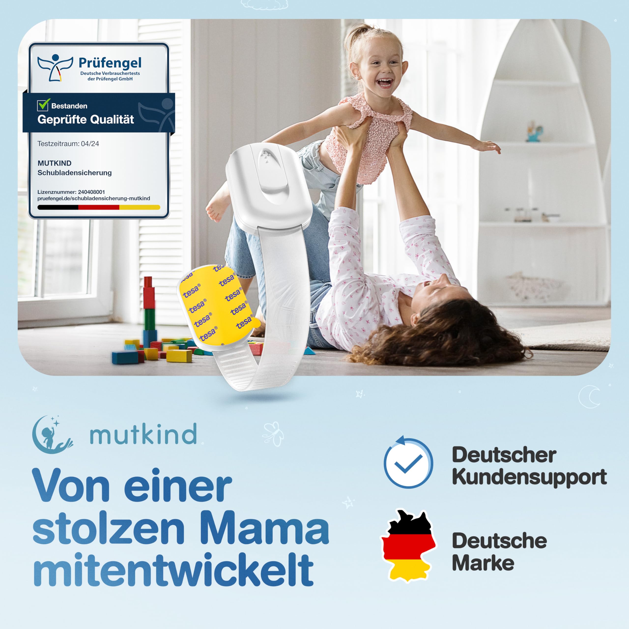MUTKIND 10 Stück Kindersicherung Schrank - (Mit Kleber von TESA) Schranksicherung Baby - Längenverstellbar - Schubladensicherung Baby für Schränke, Kühlschrank, Tür - Kindersicherung Schubladen Weiß