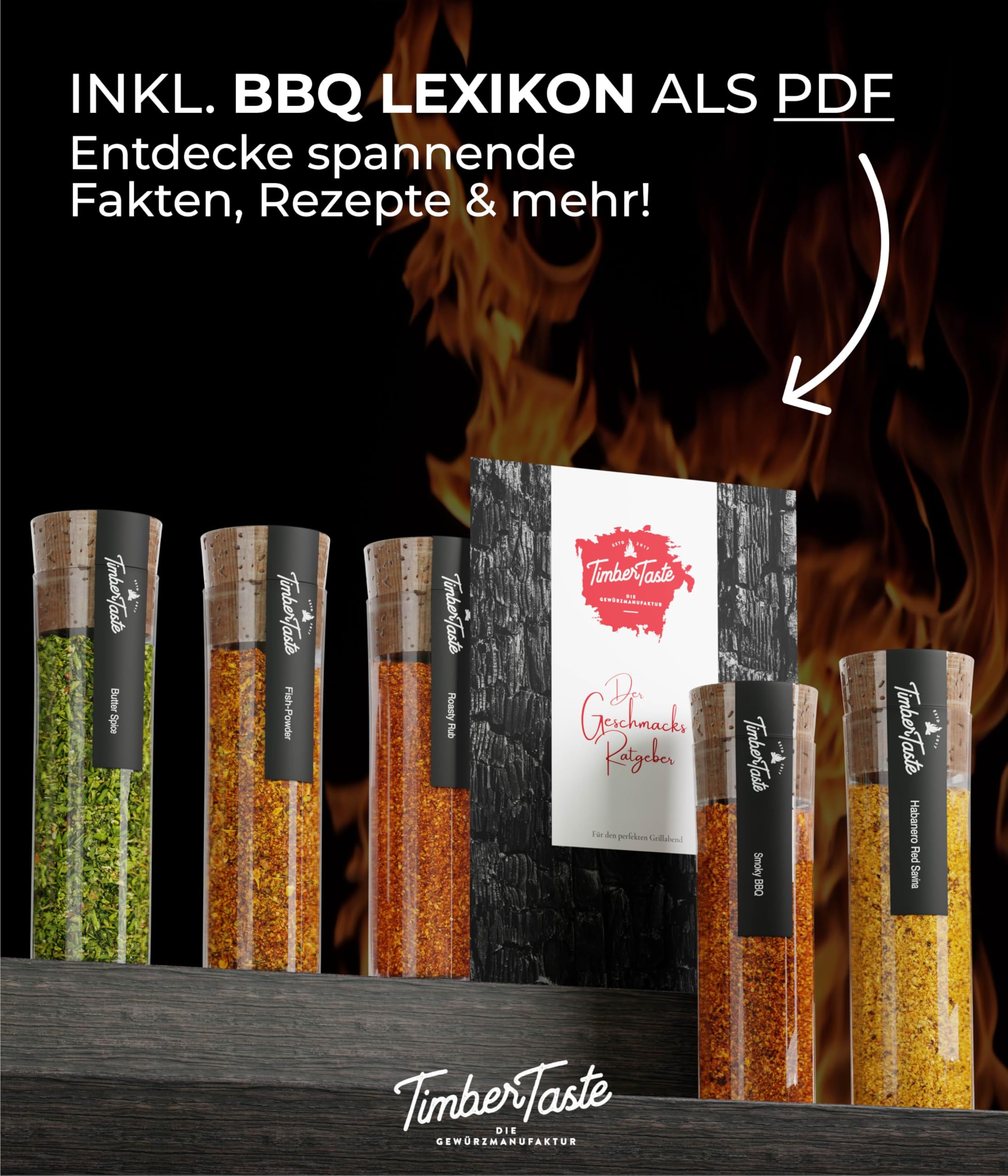TIMBER TASTE® Grillgewürze Geschenkset - 5 premium BBQ Gewürze Rubs & Marinaden in edler Geschenkbox | Geschenke für Männer | Vatertag Geschenk | Gewürze Geschenkset ideal zum Grillen Geschenk Set
