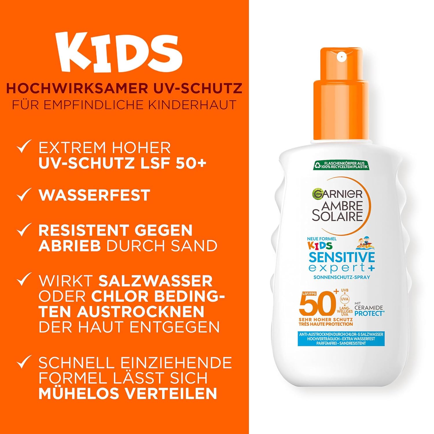 Garnier Sonnencreme LSF 50+ für Kinder, Wasserfest und resistent gegen Sand, Ambre Solaire Kids Sensitive expert+ Sonnenschutzspray, 1 x 150 ml