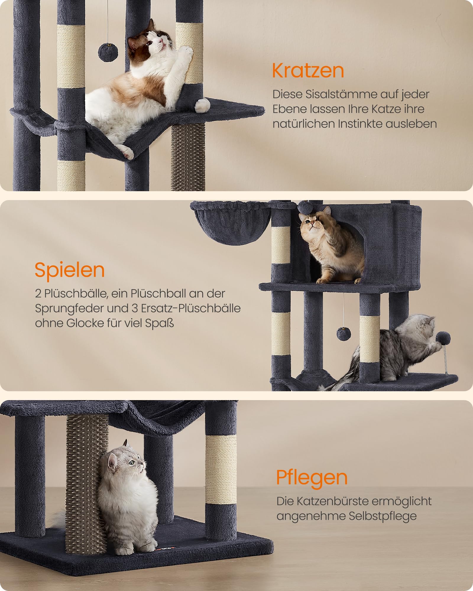 Feandrea Kratzbaum, 175 cm hoch, XL, mehrstöckiger Katzenbaum mit 2 Höhlen, 2 Liegemulden, 5 Kratzsäulen, Katzenbürste, große Plattform, Taubengrau PCT182G01