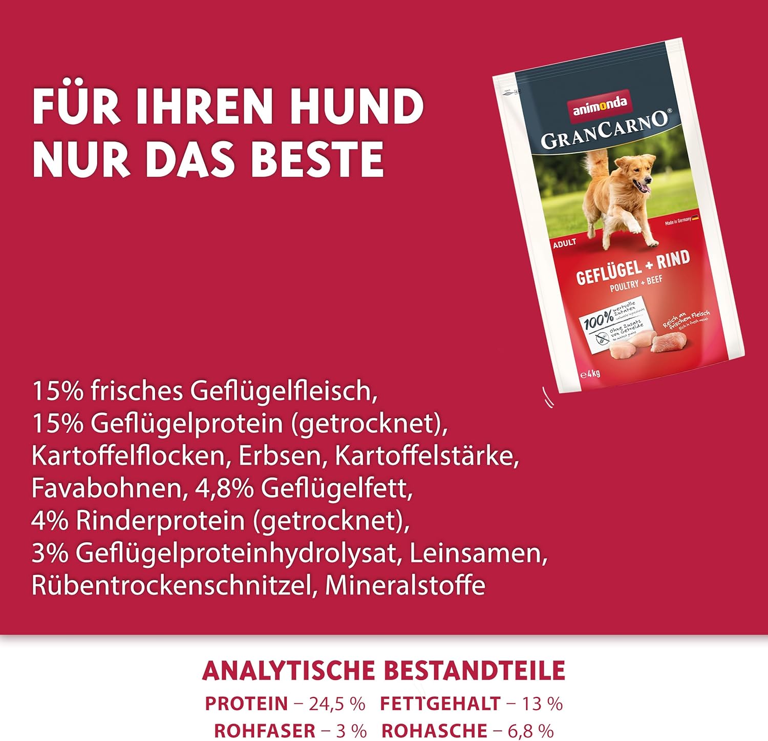 animonda GranCarno Adult Deftige Variation (6 x 800 g), Hundenassfutter für ausgewachsene Tiere, Nassfutter für Hunde mit 100% frischen, fleischlichen Zutaten, Hundefutter ohne Getreide
