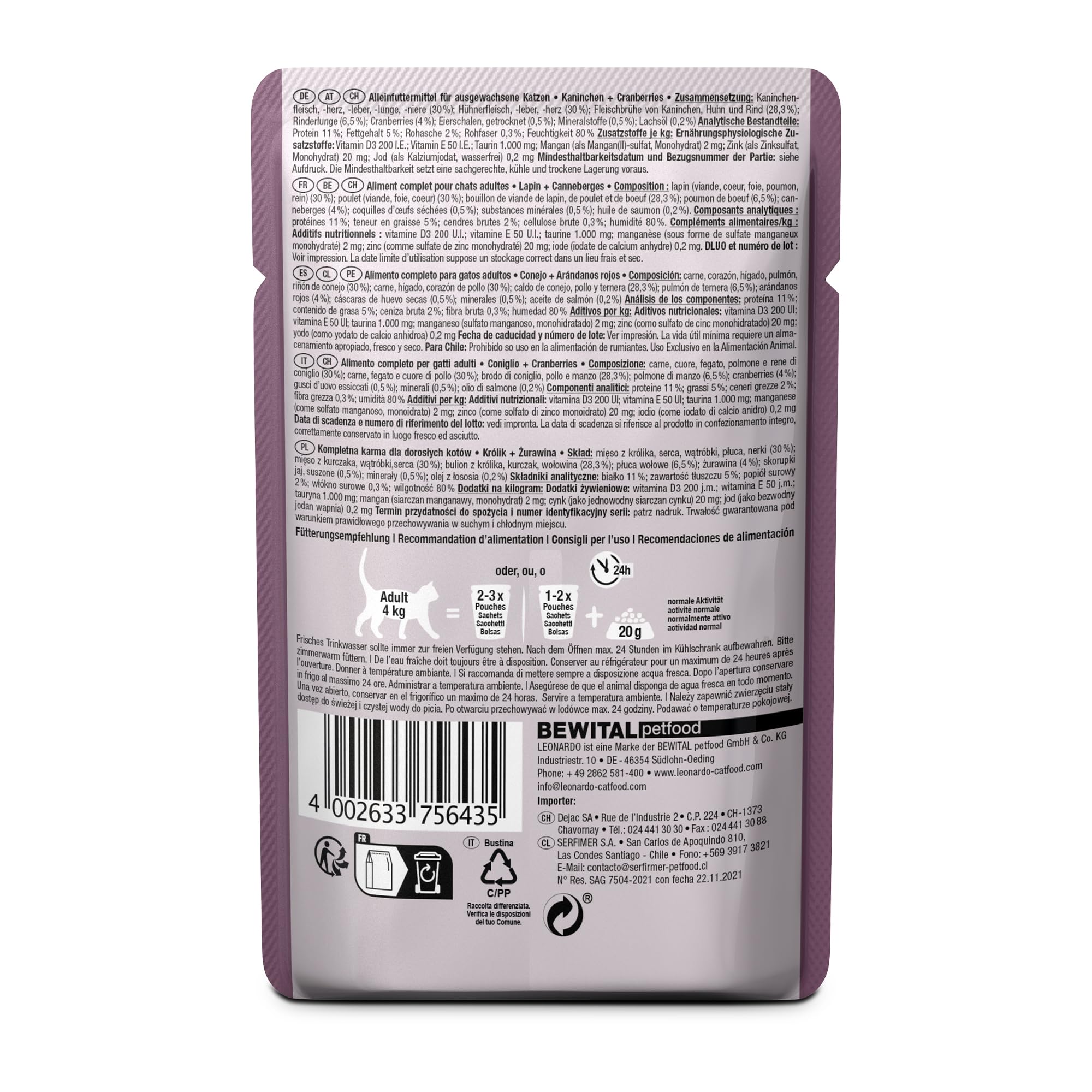 LEONARDO Frischebeutel [16x85g Kaninchen + Cranberries] | Getreidefreies Nassfutter für Katzen | Feuchtfutter Alleinfutter im Einzelportionsbeutel