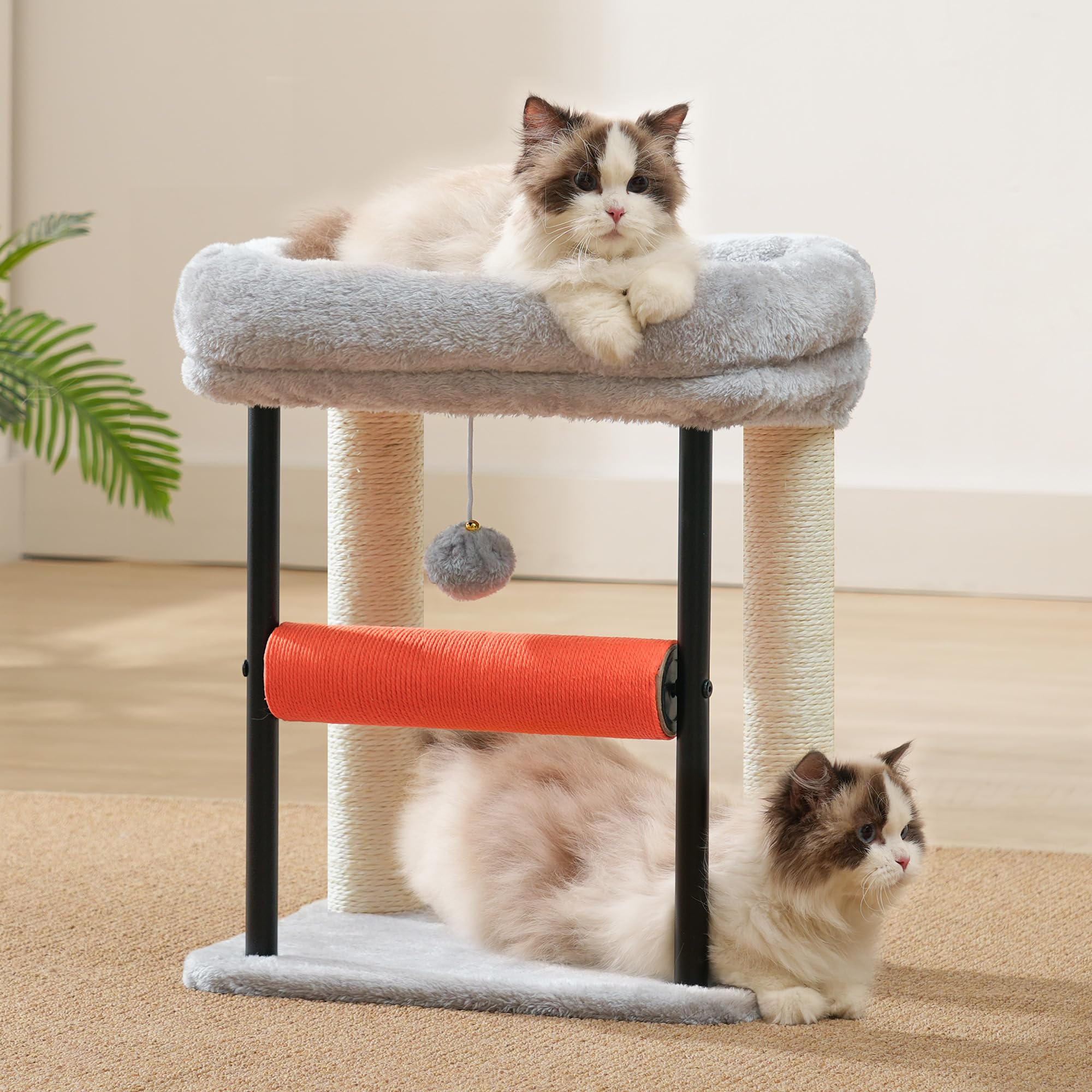 Hey-brother Kratzbaum, 50 cm klein Katzenbaum für Kätzchen, Kratzpfosten mit drehbarer Sisalsäule, geräumiger Plüschplattform, Vollständig sisalumwickelte Säule und Spielbällen, Hellgrau EMPJ010SW