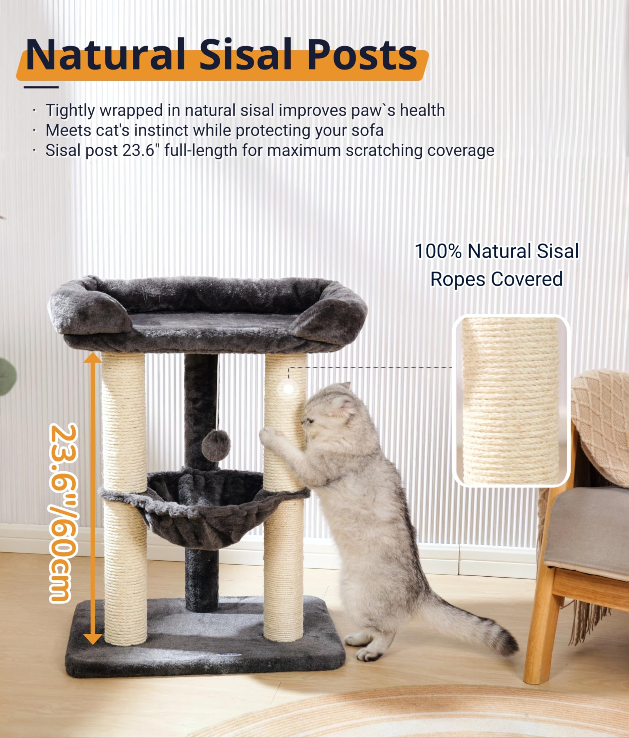 Happi N Pets 71CM Kratzbaum für Katzen, Hoher Kratzstamm mit großem Bett für große Katzen, Sisal-Kratzbaum mit weicher Liegefläche & Hängematte, Stabiler Katzenbaum, Abnehmbarer Bezug-Beige
