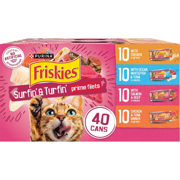 Purina Friskies Gravy Wet Cat Food Variety Pack, Surfin' and Turfin' Prime Filets Favorites - (Pack of 40) 5.5 oz. Cans