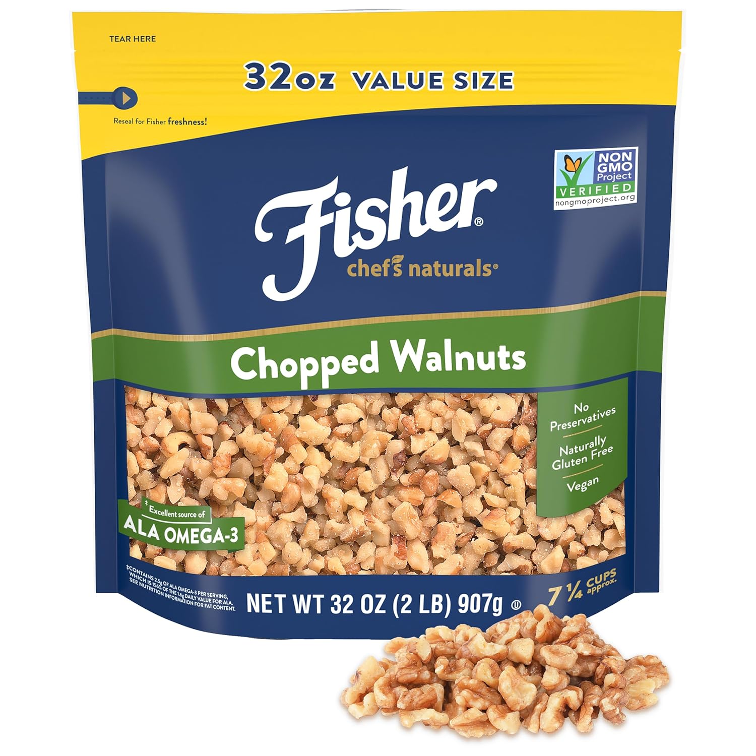 Fisher Chef's Naturals Walnut Halves & Pieces 2 lb, 100% California Unsalted Walnuts for Baking & Cooking, Healthy Snacks for Adults, Resealable Bag, Vegan Protein, Keto Snack, Chopped Nuts, Topping