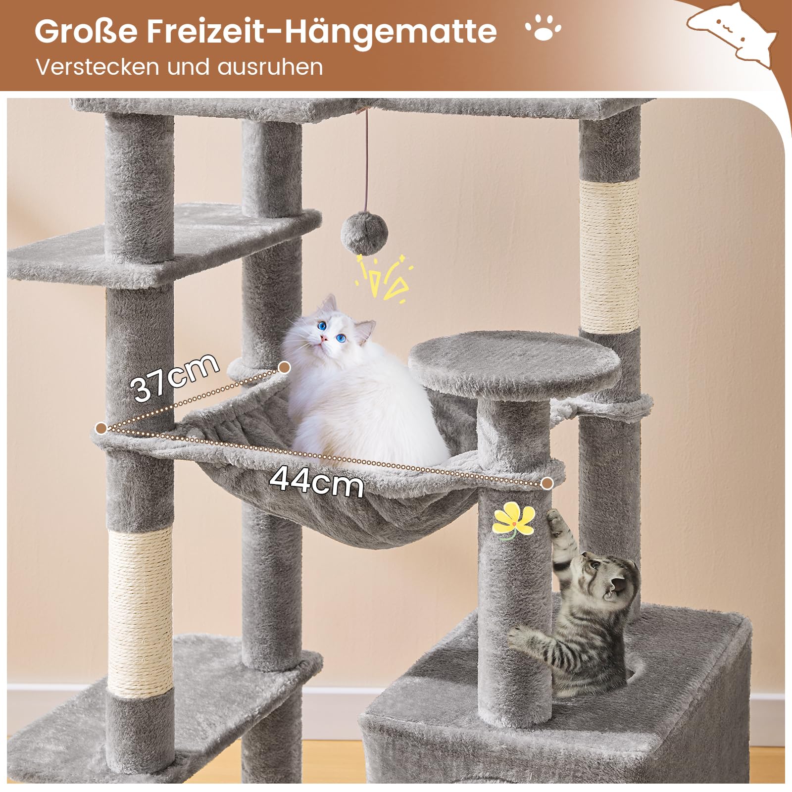 MSmask Kratzbaum groß, L Katzenbaum Stabil, Katzenkratzbaum mit 2 Plattformen, 2 Katzenhöhlen, Hängematte, Sisalsäulen, mehrstöckiger Kletterbaum für Katzen (Hellgrau, 160 cm)